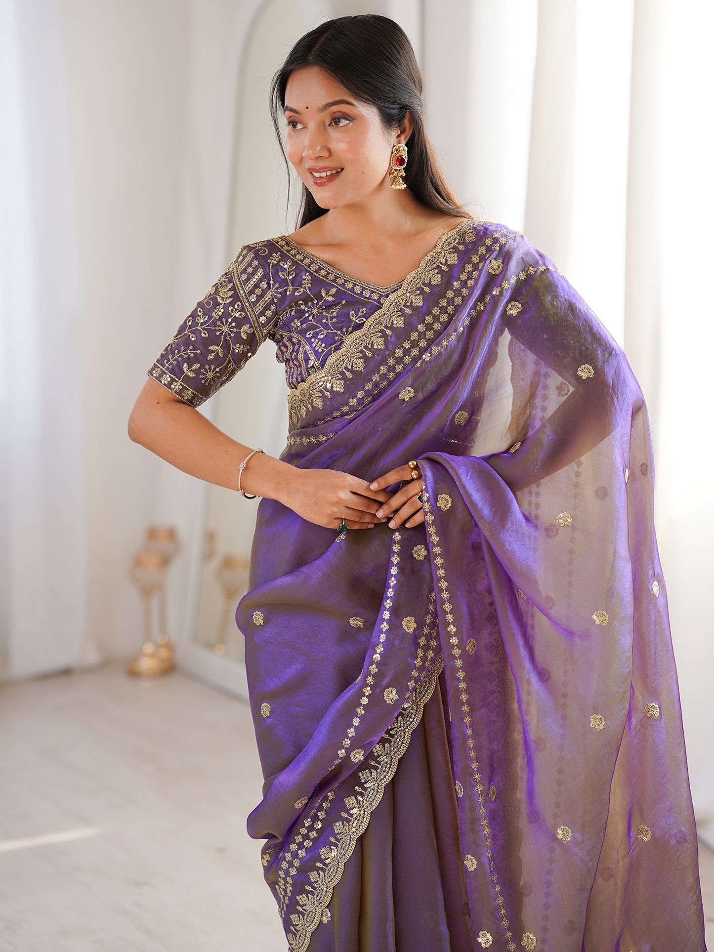Women's Satin Purple Embellished Designer Saree With Blouse Piece