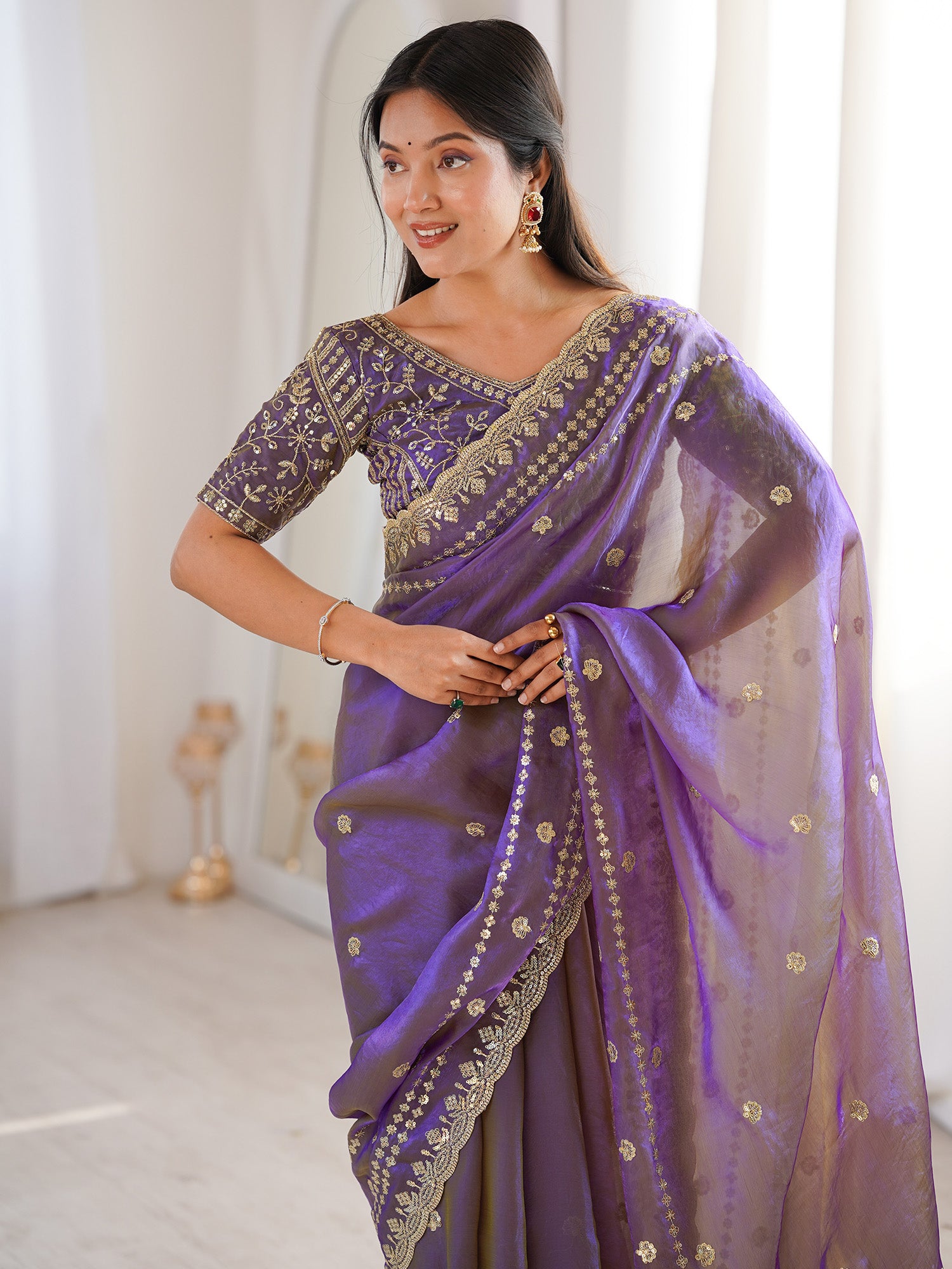 Women's Satin Purple Embellished Designer Saree With Blouse Piece