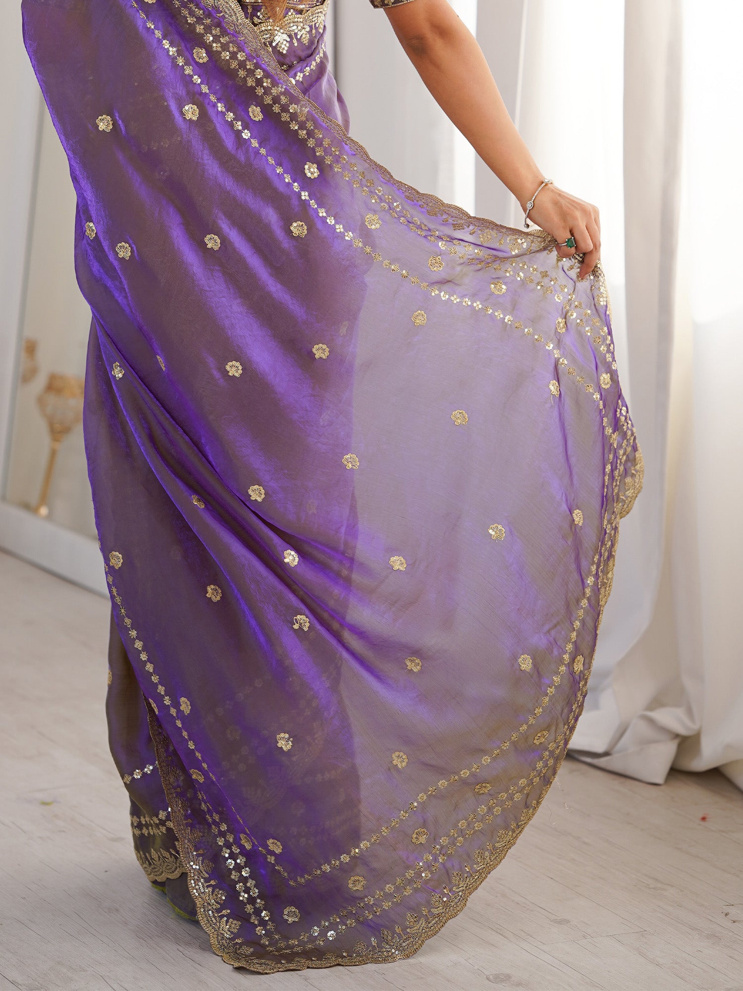 Women's Satin Purple Embellished Designer Saree With Blouse Piece