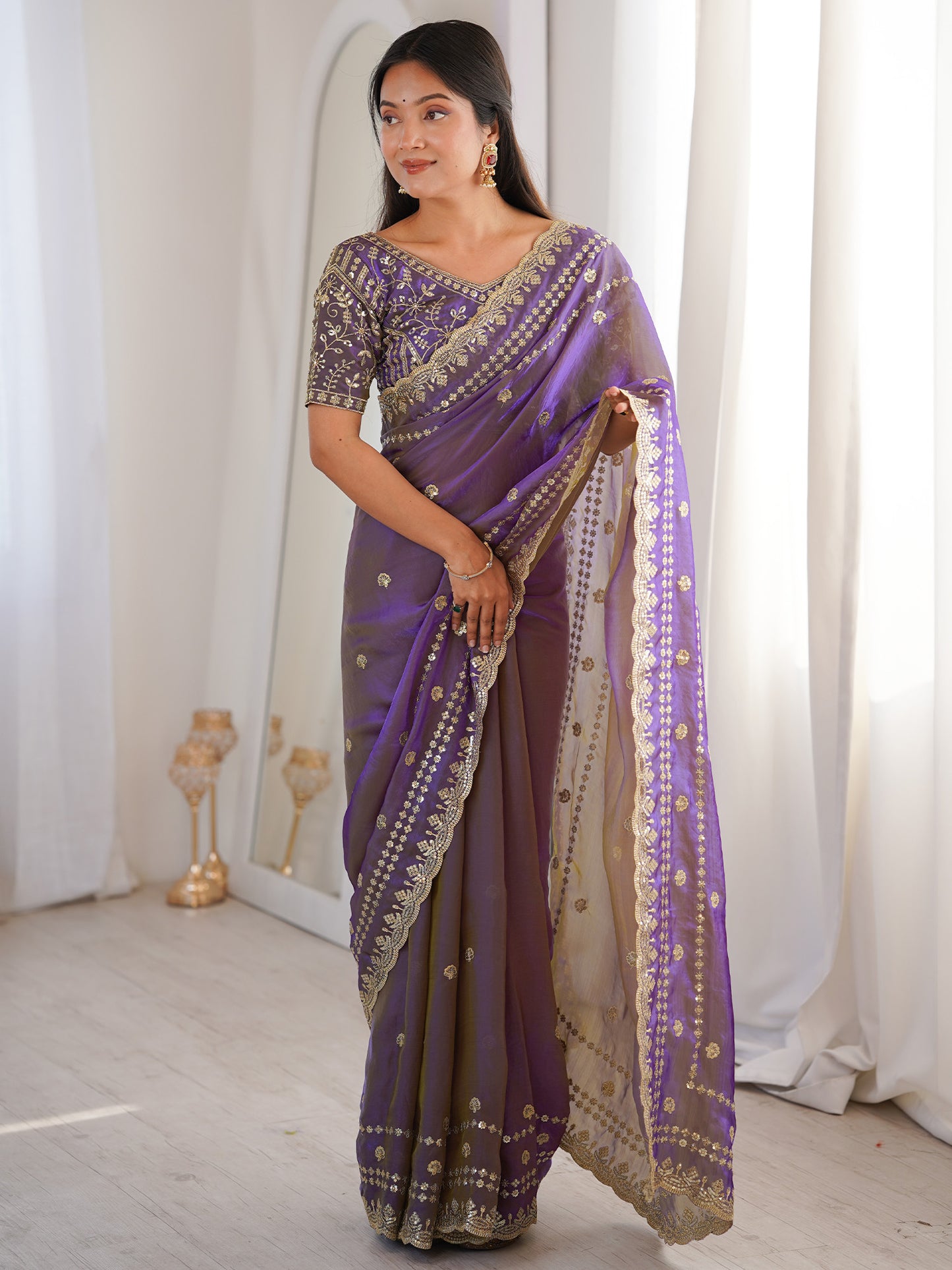 Women's Satin Purple Embellished Designer Saree With Blouse Piece