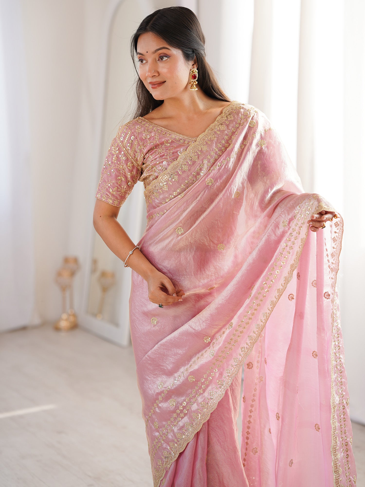 Women's Satin Pink Embellished Designer Saree With Blouse Piece