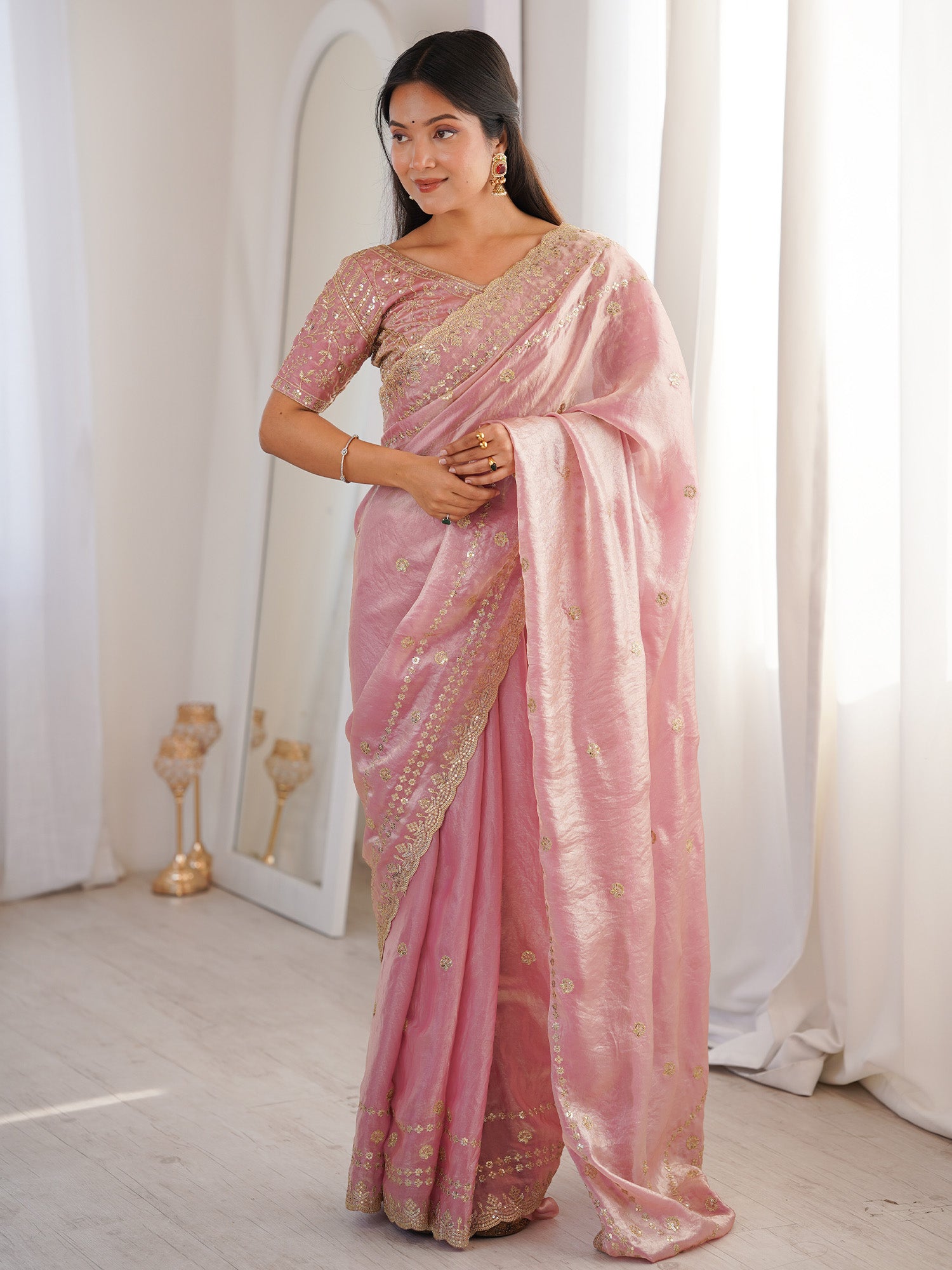 Women's Satin Pink Embellished Designer Saree With Blouse Piece