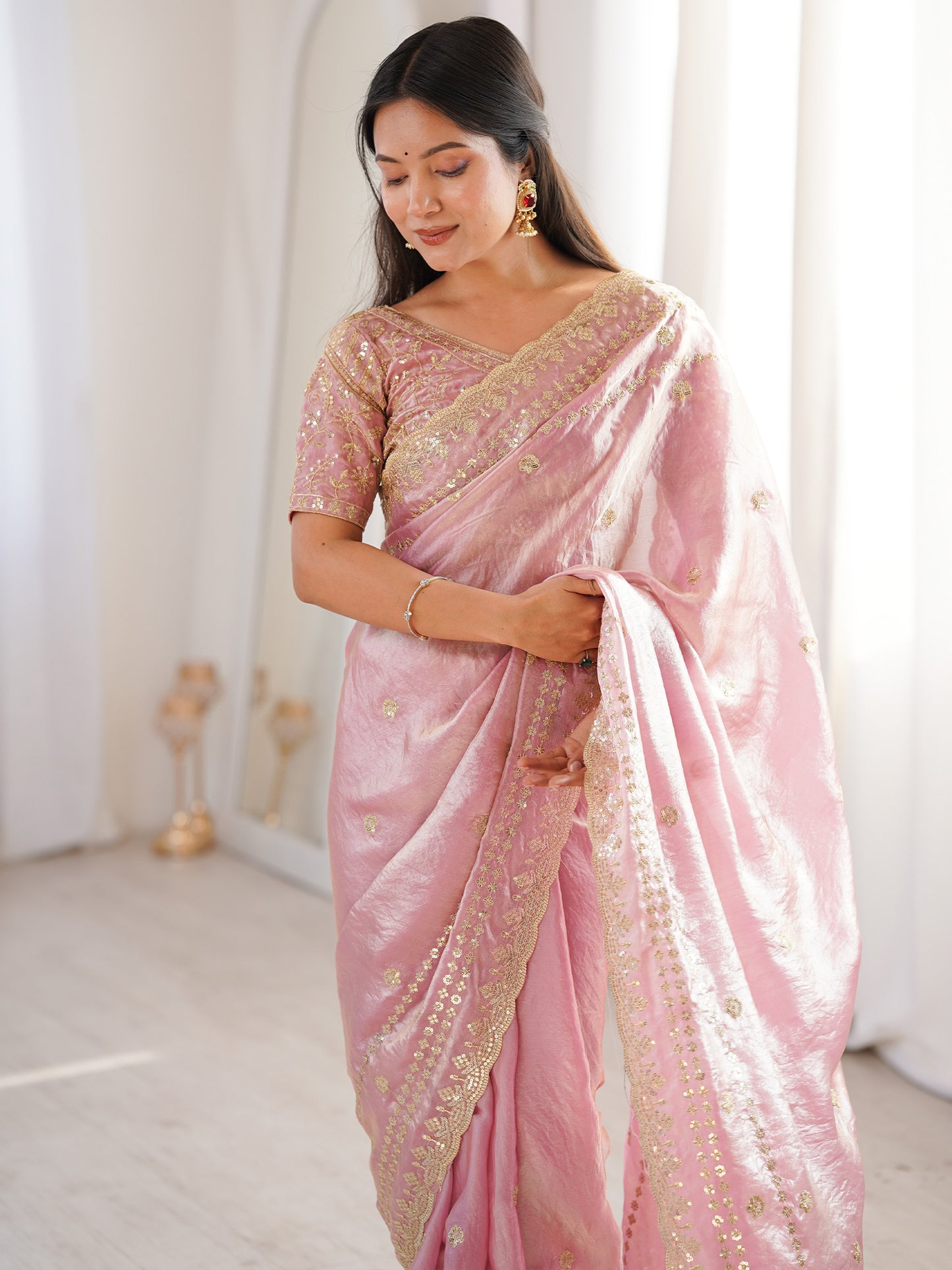 Women's Satin Pink Embellished Designer Saree With Blouse Piece