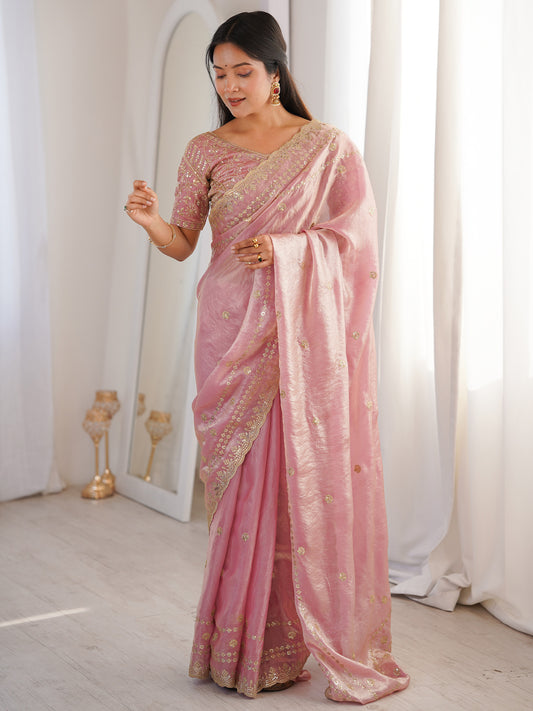 Women's Satin Pink Embellished Designer Saree With Blouse Piece