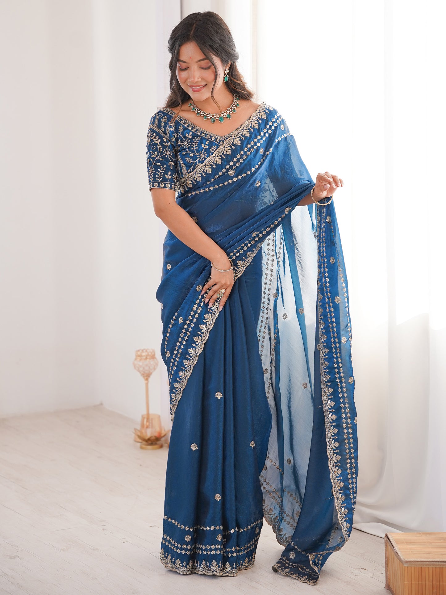 Women's Satin Teal blue Embellished Designer Saree With Blouse Piece