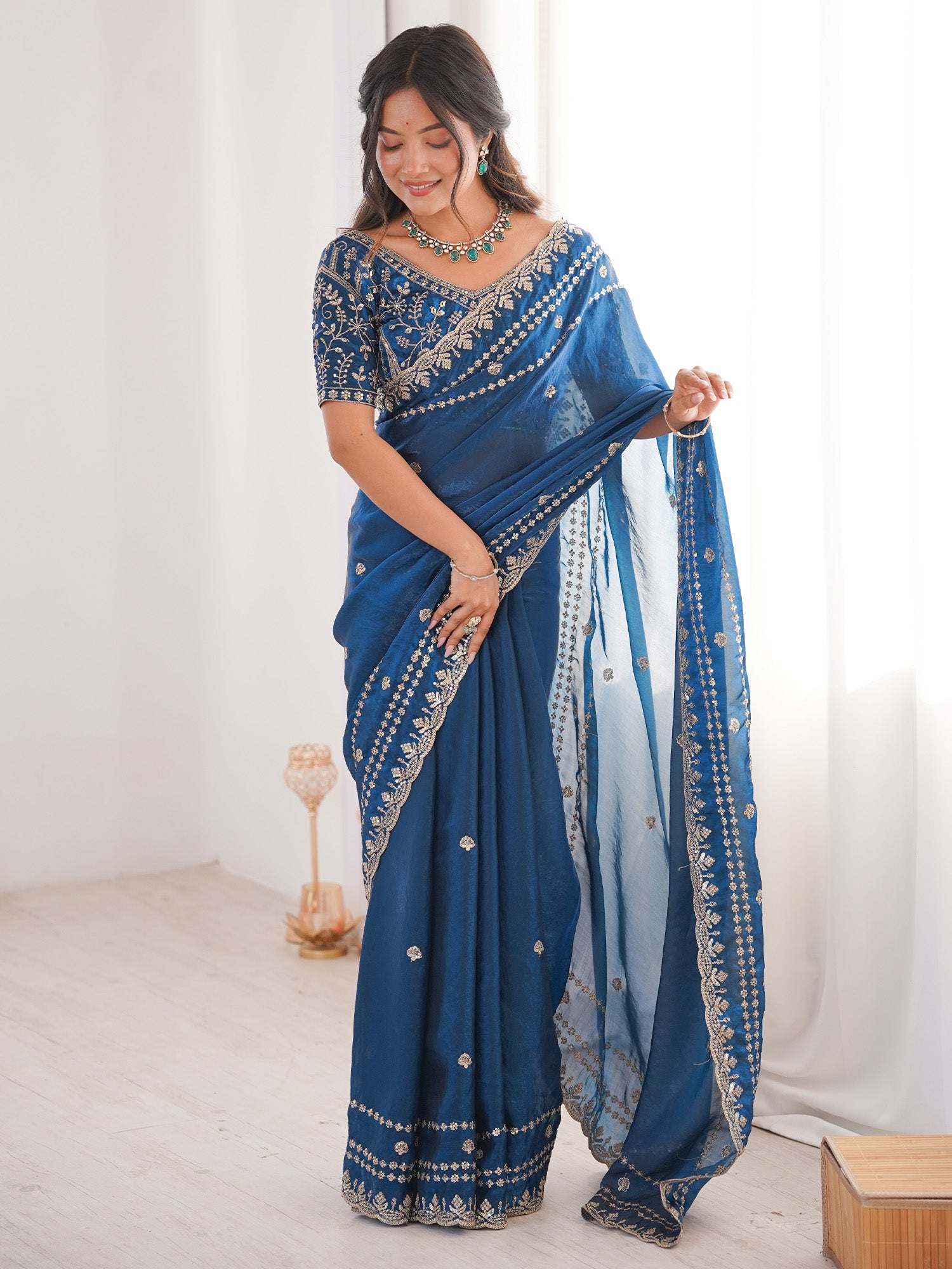 Women's Satin Teal blue Embellished Designer Saree With Blouse Piece