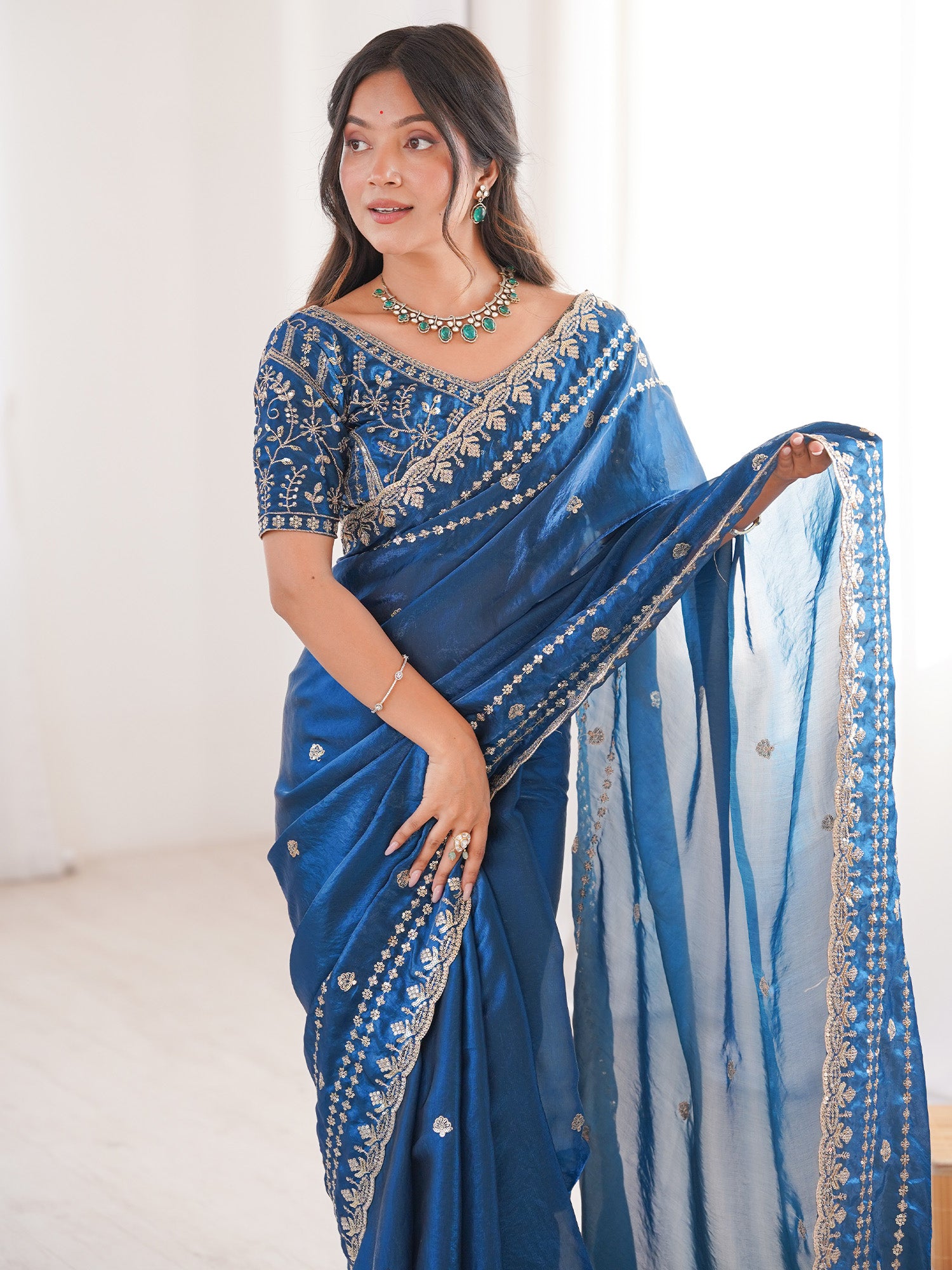 Women's Satin Teal blue Embellished Designer Saree With Blouse Piece