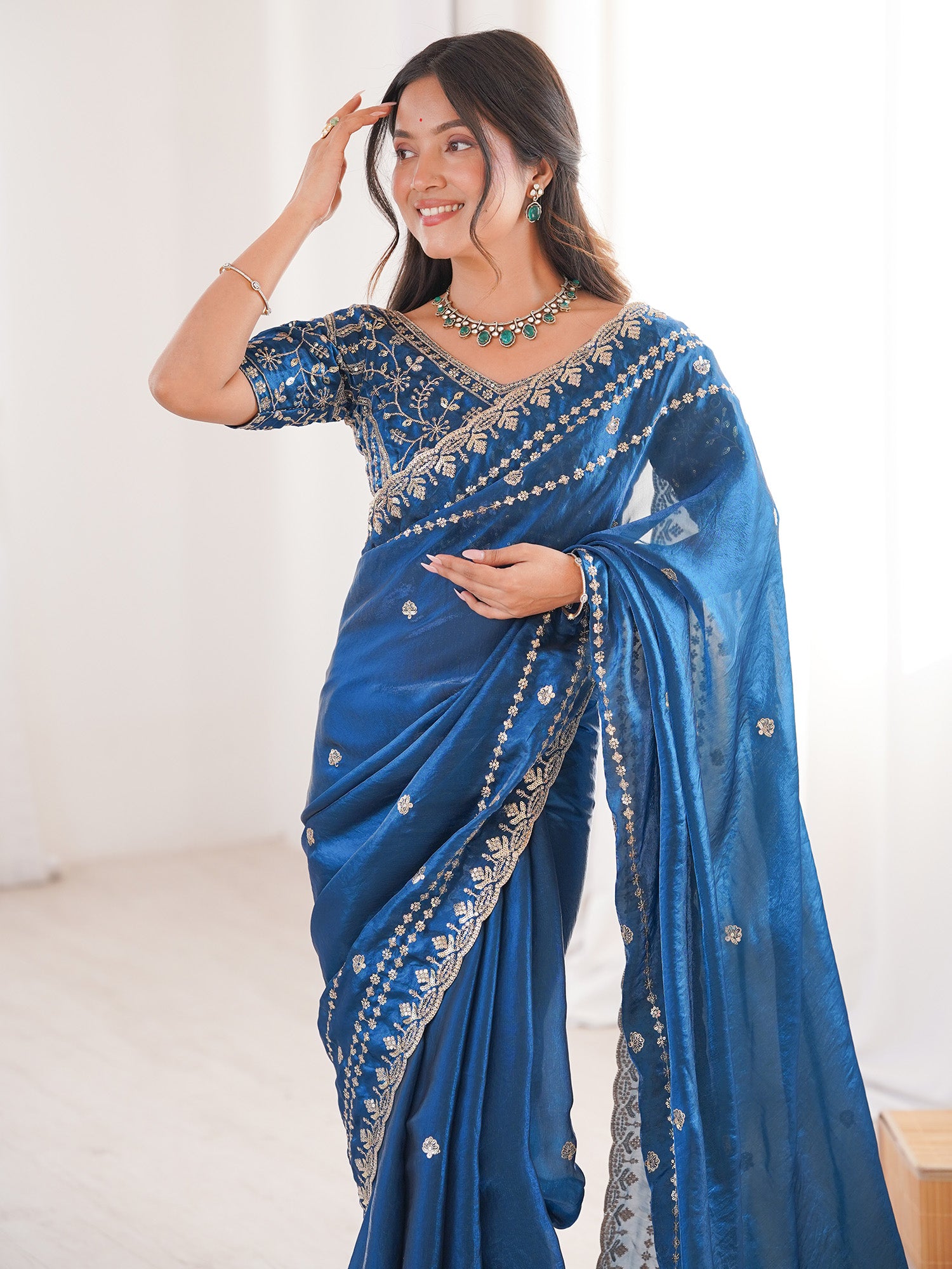 Women's Satin Teal blue Embellished Designer Saree With Blouse Piece