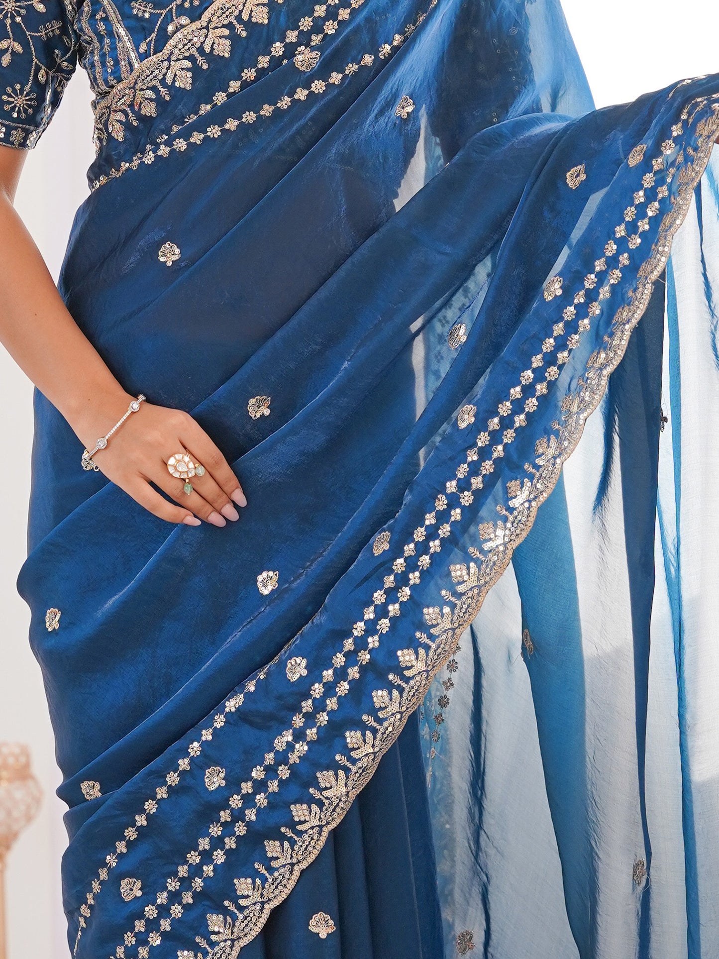 Women's Satin Teal blue Embellished Designer Saree With Blouse Piece