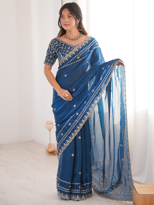Women's Satin Teal blue Embellished Designer Saree With Blouse Piece
