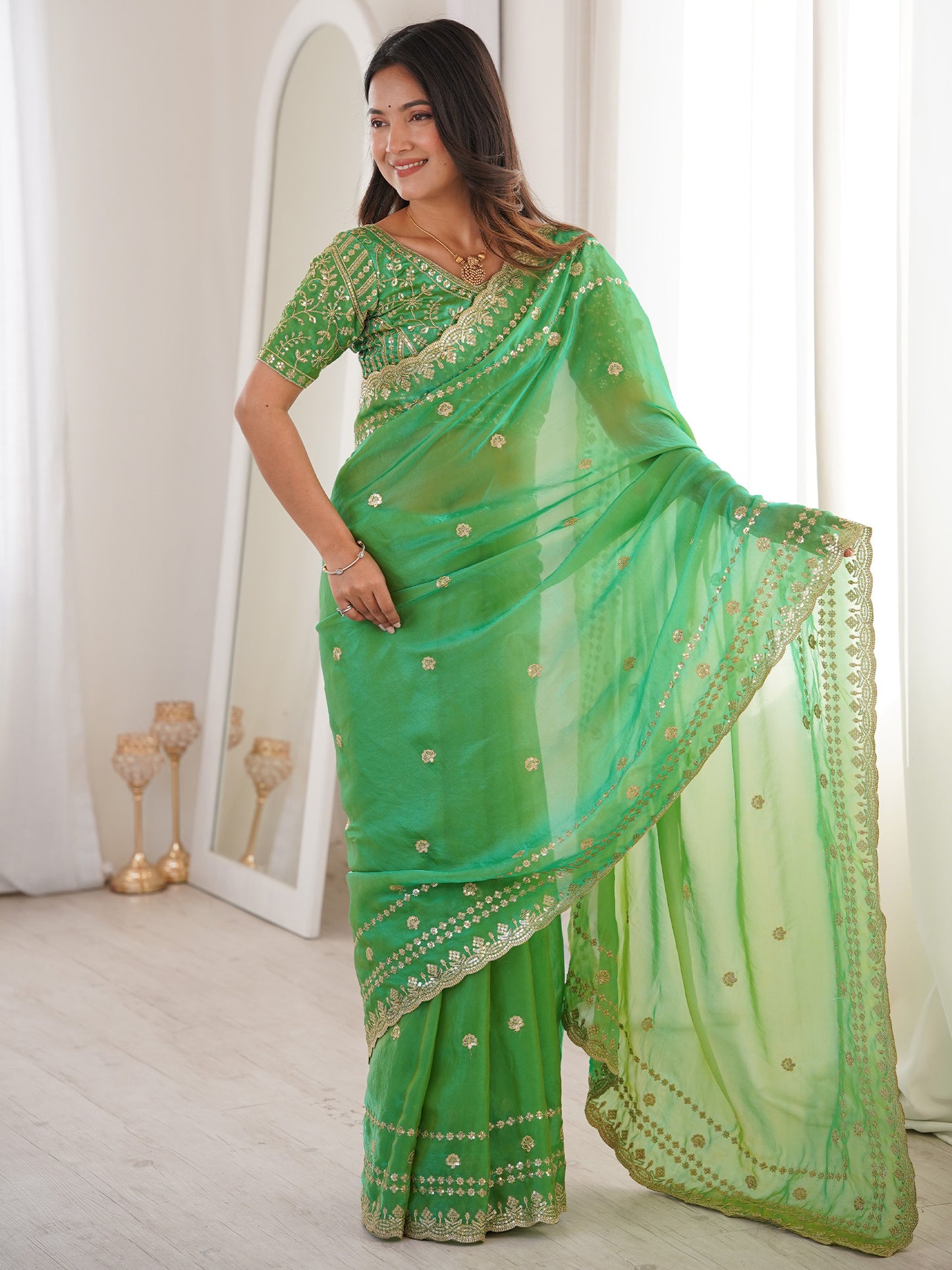 Women's Satin Mint Green Embellished Designer Saree With Blouse Piece