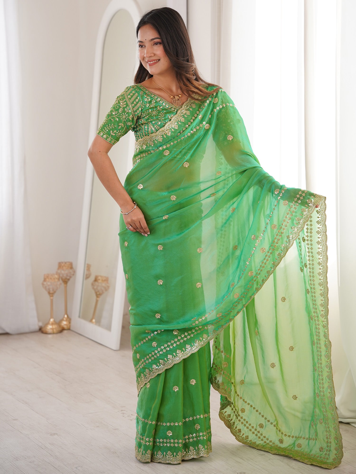 Women's Satin Mint Green Embellished Designer Saree With Blouse Piece