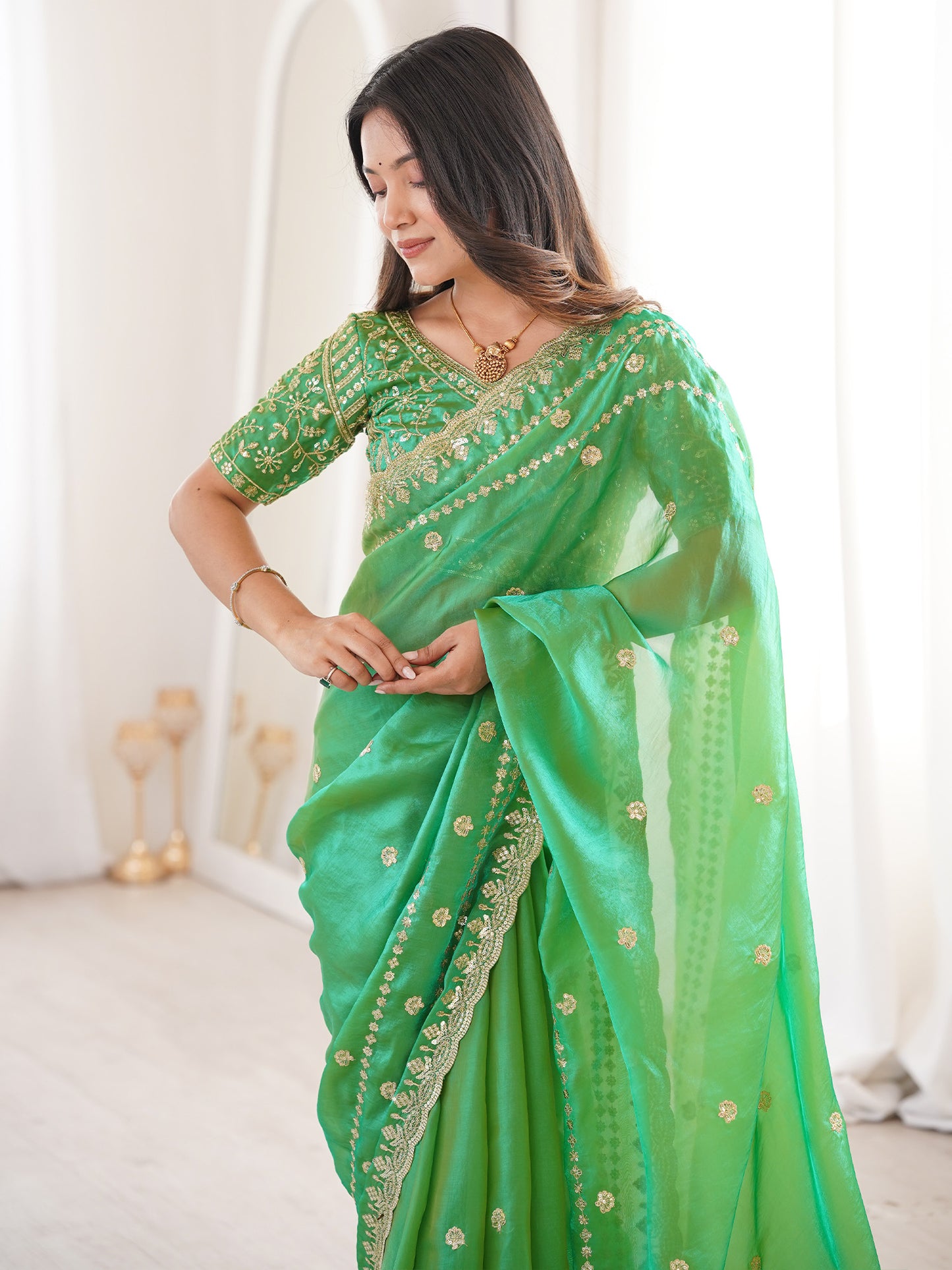 Women's Satin Mint Green Embellished Designer Saree With Blouse Piece
