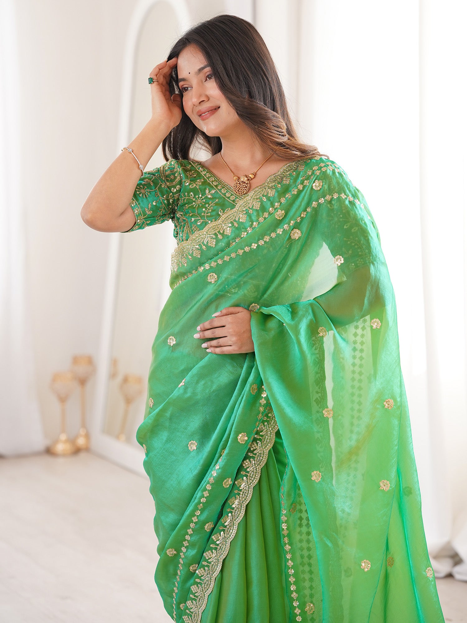 Women's Satin Mint Green Embellished Designer Saree With Blouse Piece