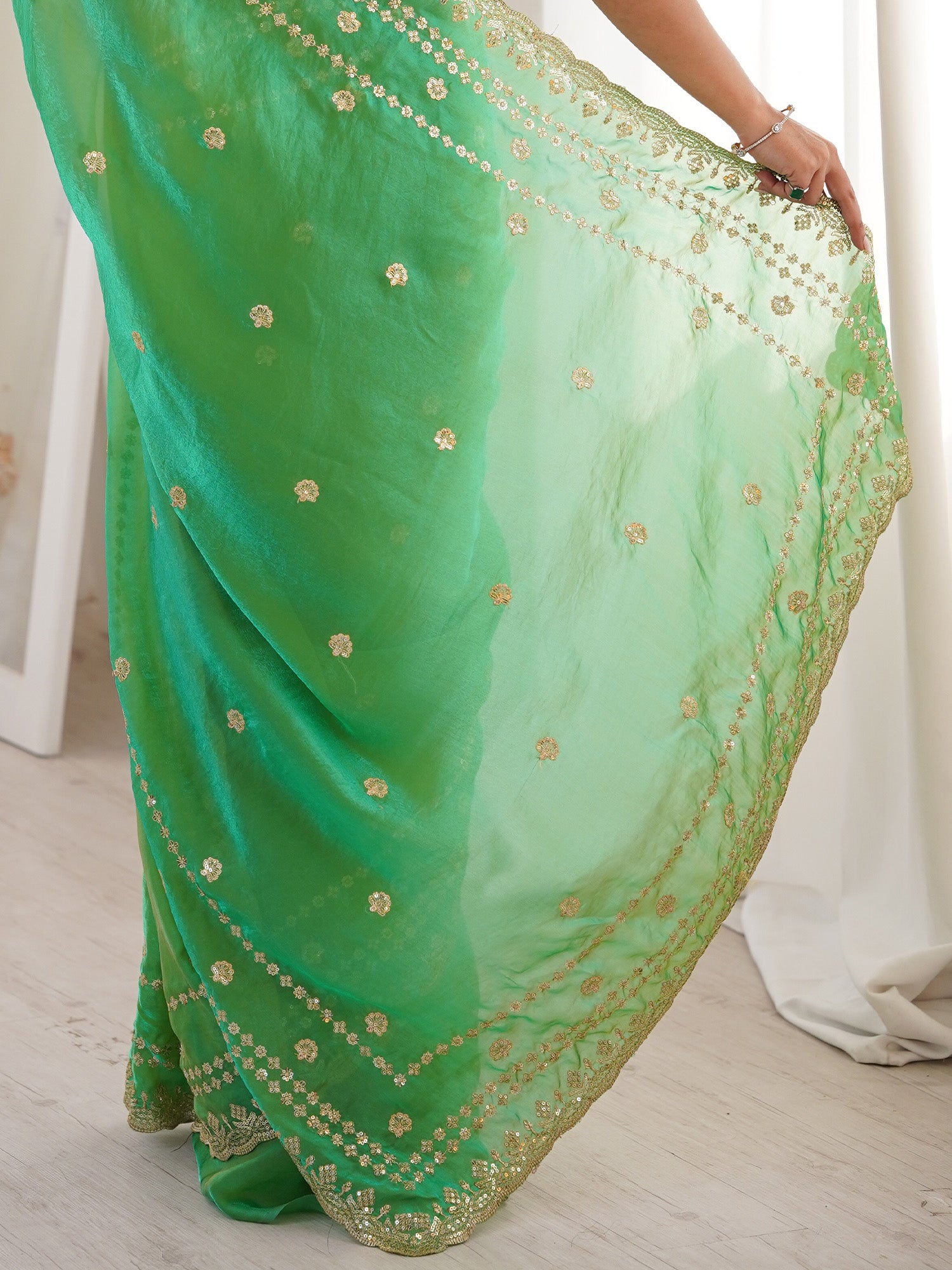 Women's Satin Mint Green Embellished Designer Saree With Blouse Piece