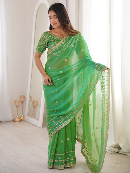 Women's Satin Mint Green Embellished Designer Saree With Blouse Piece