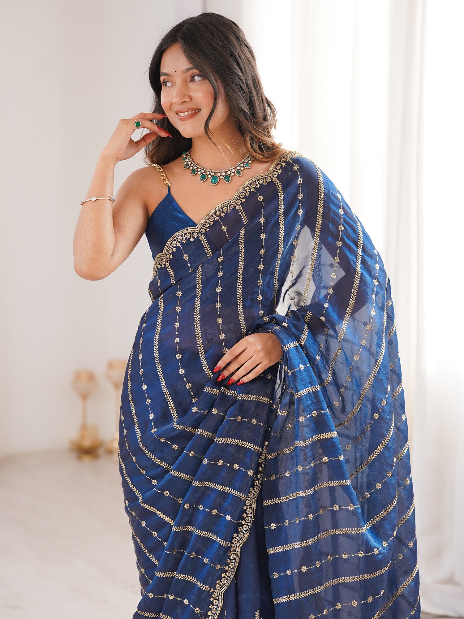 Women's Satin Blue Zari Embroidered Designer Saree With Blouse Piece