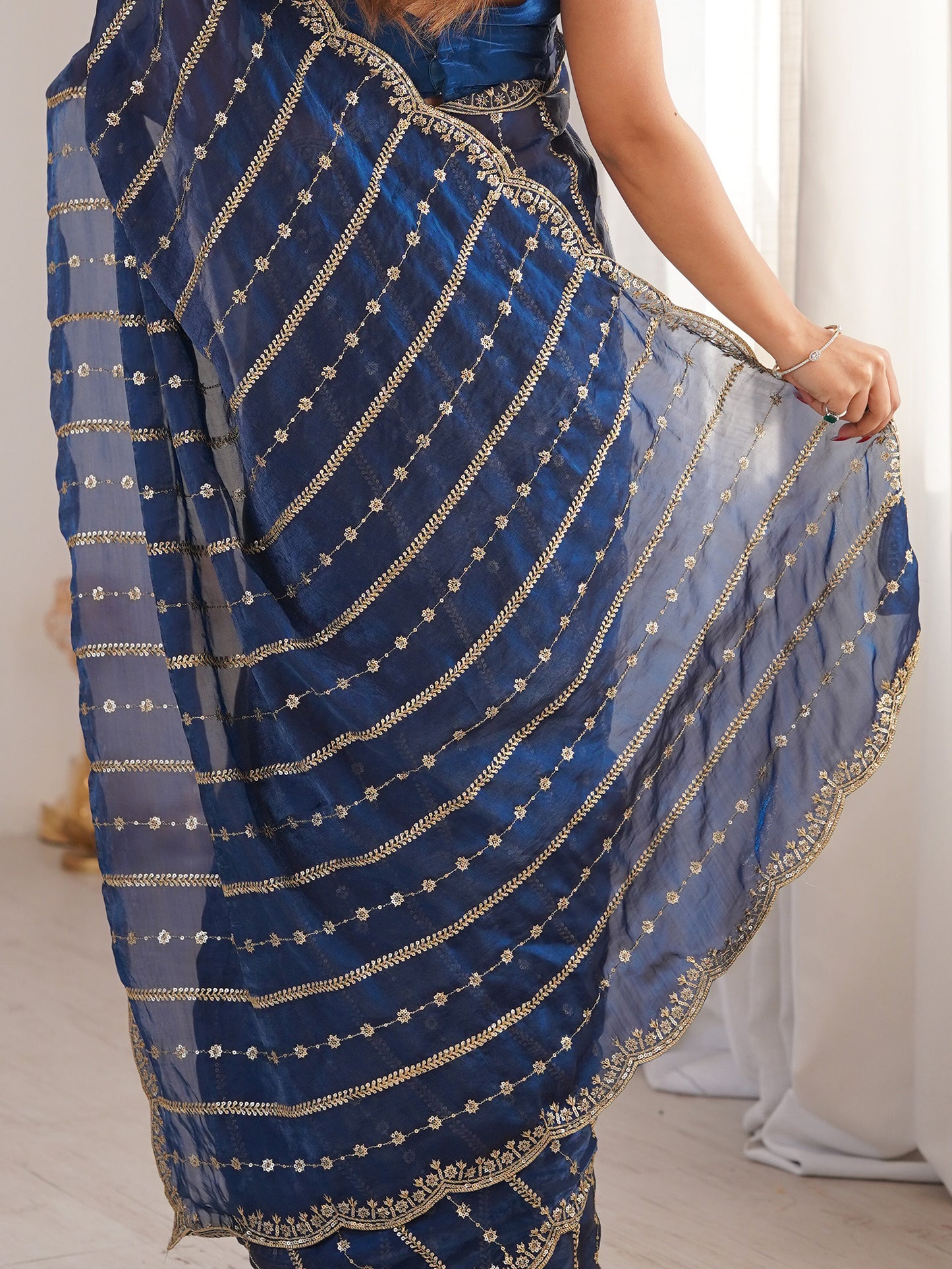 Women's Satin Blue Zari Embroidered Designer Saree With Blouse Piece