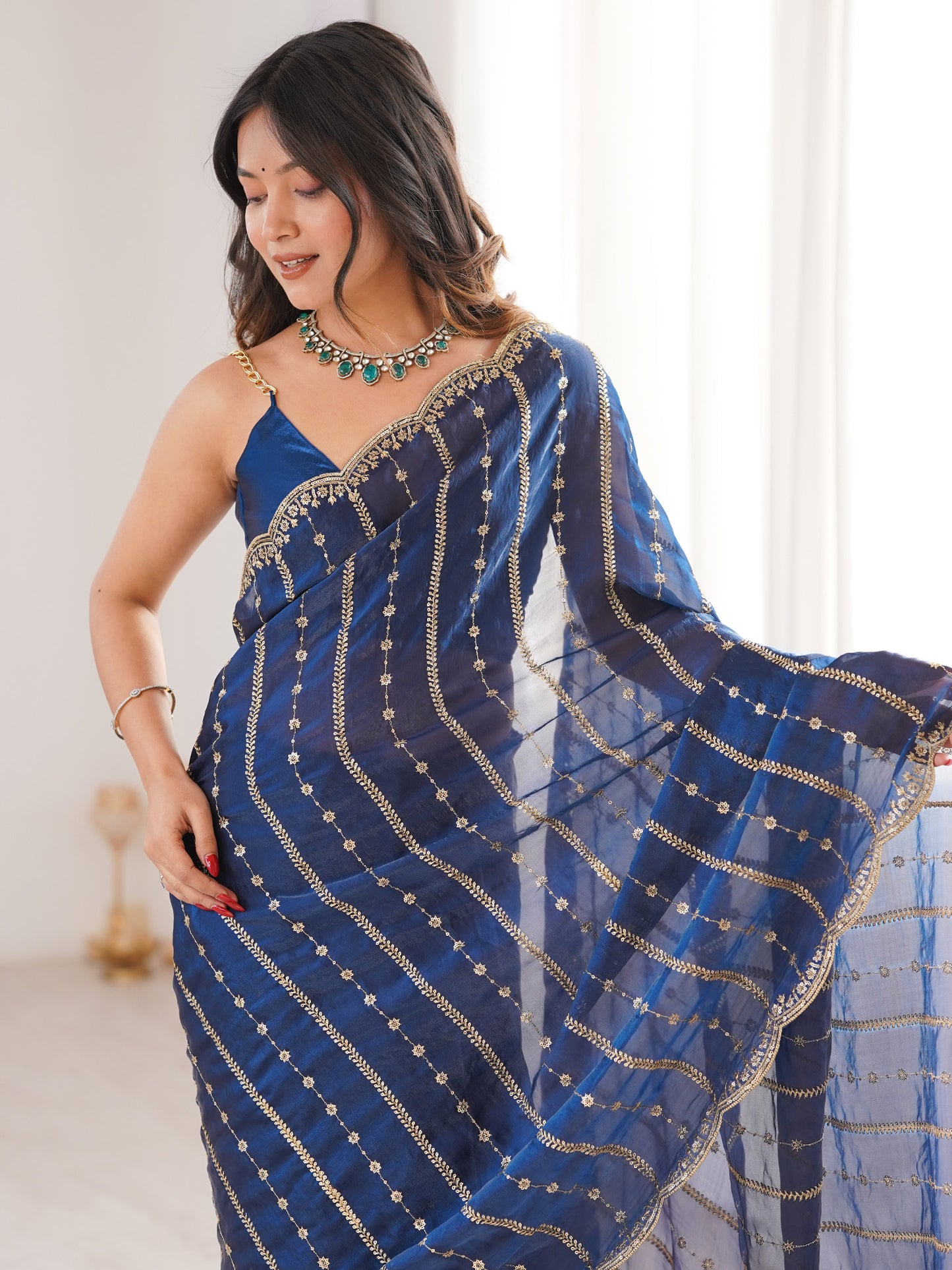 Women's Satin Blue Zari Embroidered Designer Saree With Blouse Piece