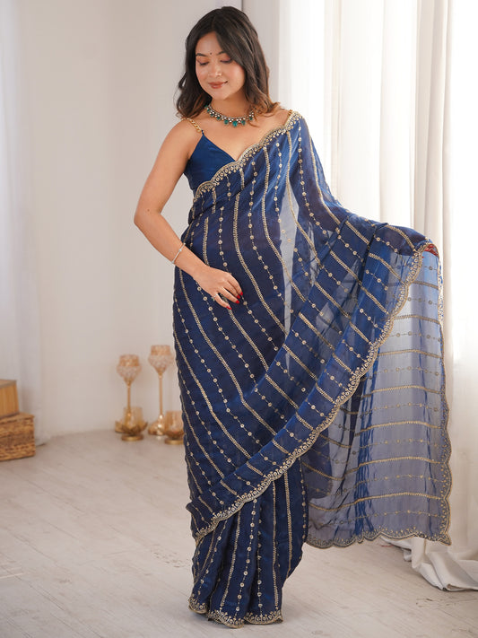 Women's Satin Blue Zari Embroidered Designer Saree With Blouse Piece