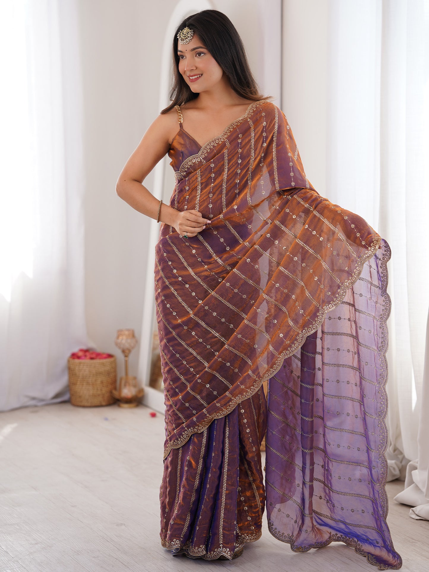 Women's Satin Brown Zari Embroidered Designer Saree With Blouse Piece