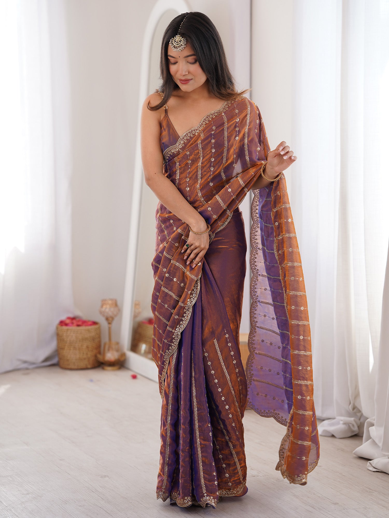 Women's Satin Brown Zari Embroidered Designer Saree With Blouse Piece