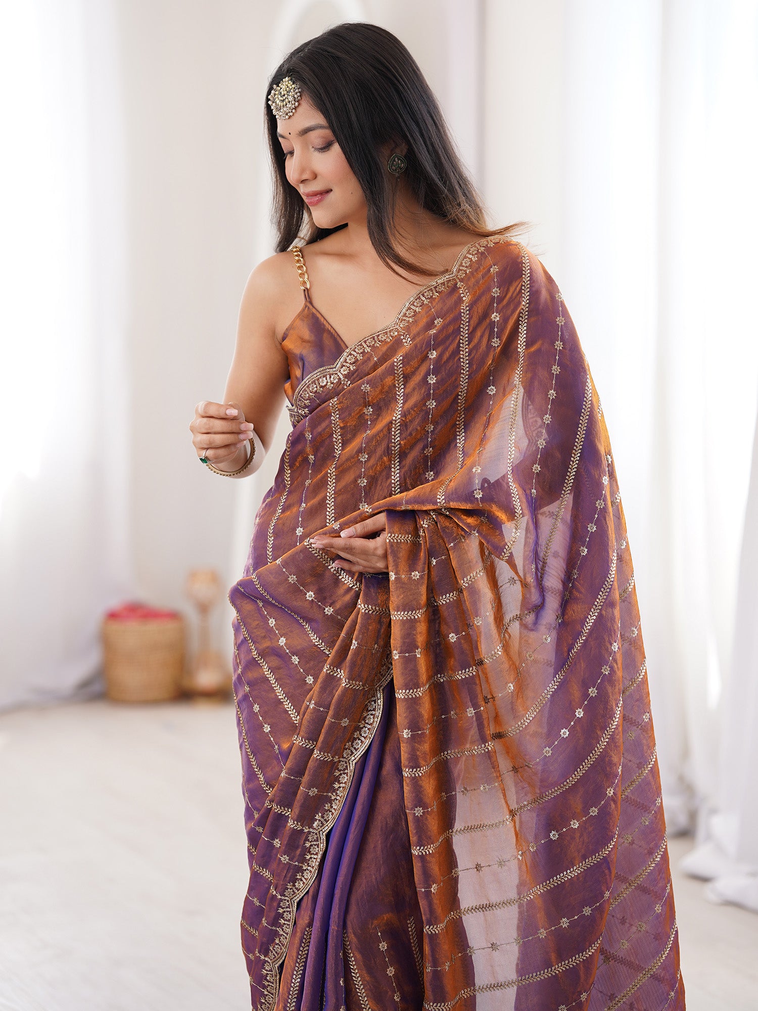 Women's Satin Brown Zari Embroidered Designer Saree With Blouse Piece