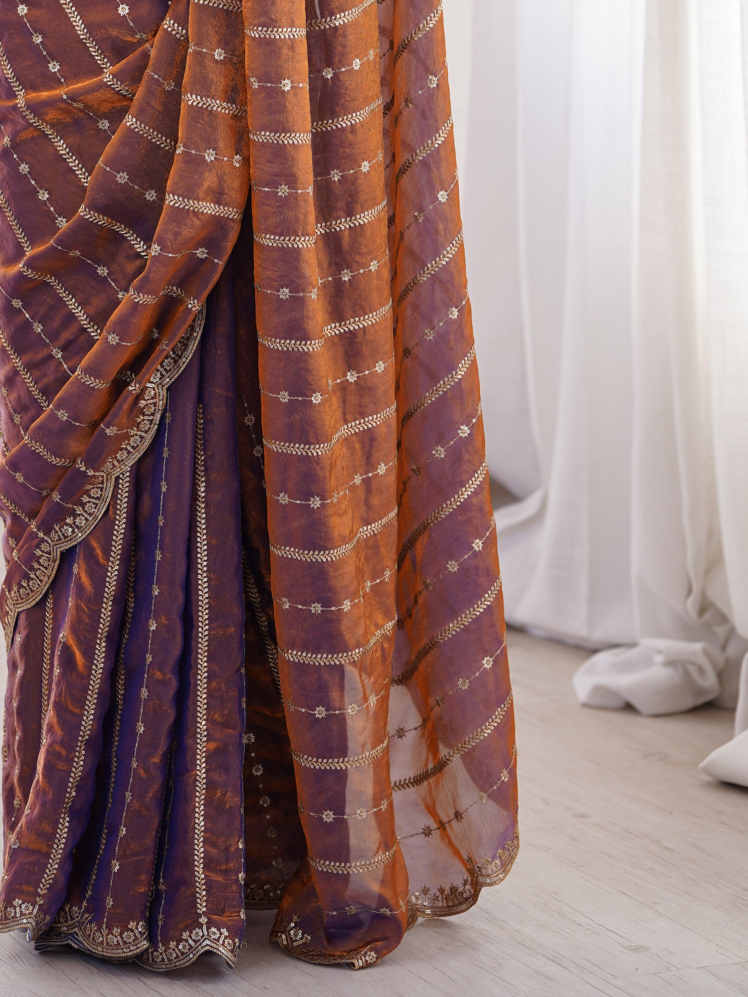 Women's Satin Brown Zari Embroidered Designer Saree With Blouse Piece
