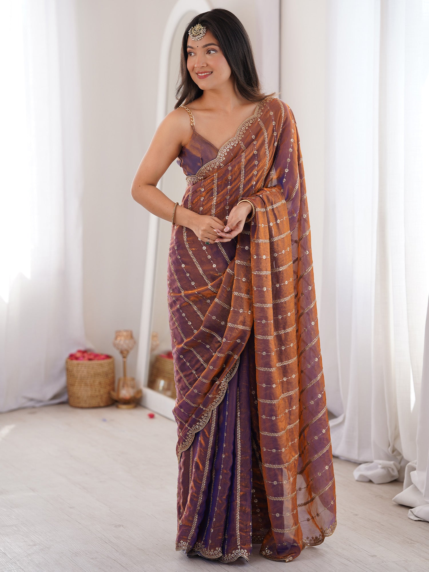 Women's Satin Brown Zari Embroidered Designer Saree With Blouse Piece