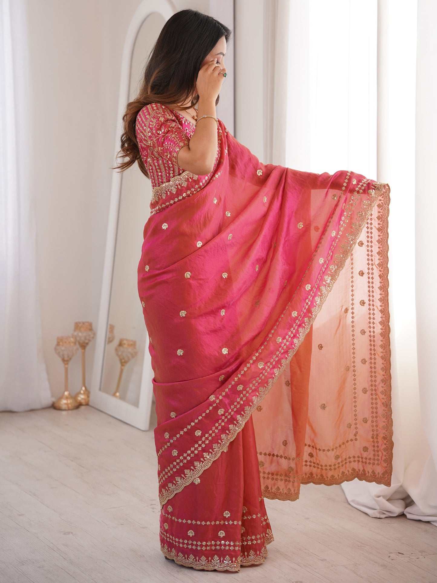 Women's Satin Pink Embellished Designer Saree With Blouse Piece