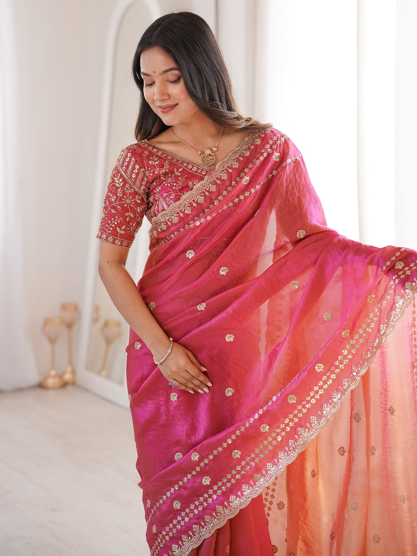 Women's Satin Pink Embellished Designer Saree With Blouse Piece