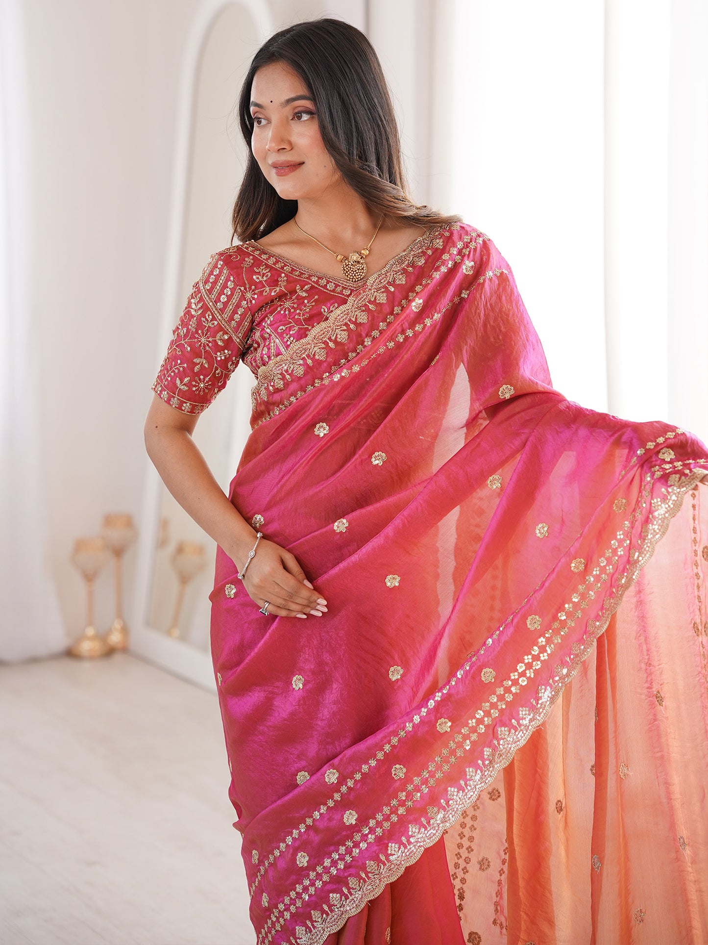 Women's Satin Pink Embellished Designer Saree With Blouse Piece