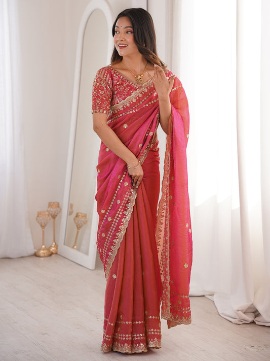 Women's Satin Pink Embellished Designer Saree With Blouse Piece