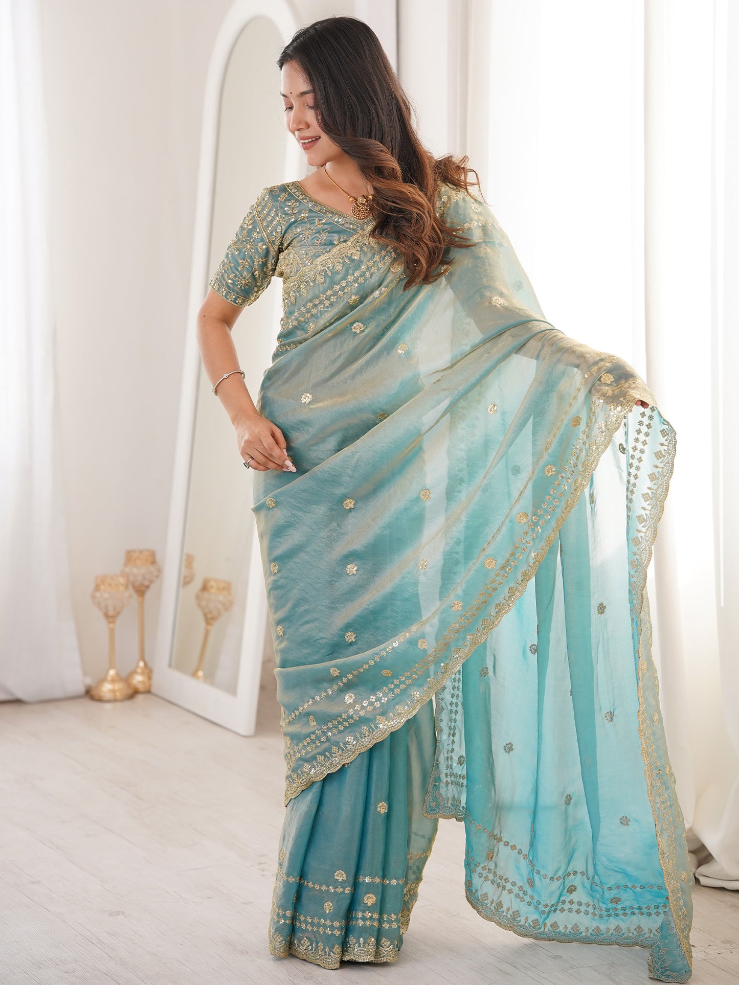 Women's Satin Light Blue Embellished Designer Saree With Blouse Piece
