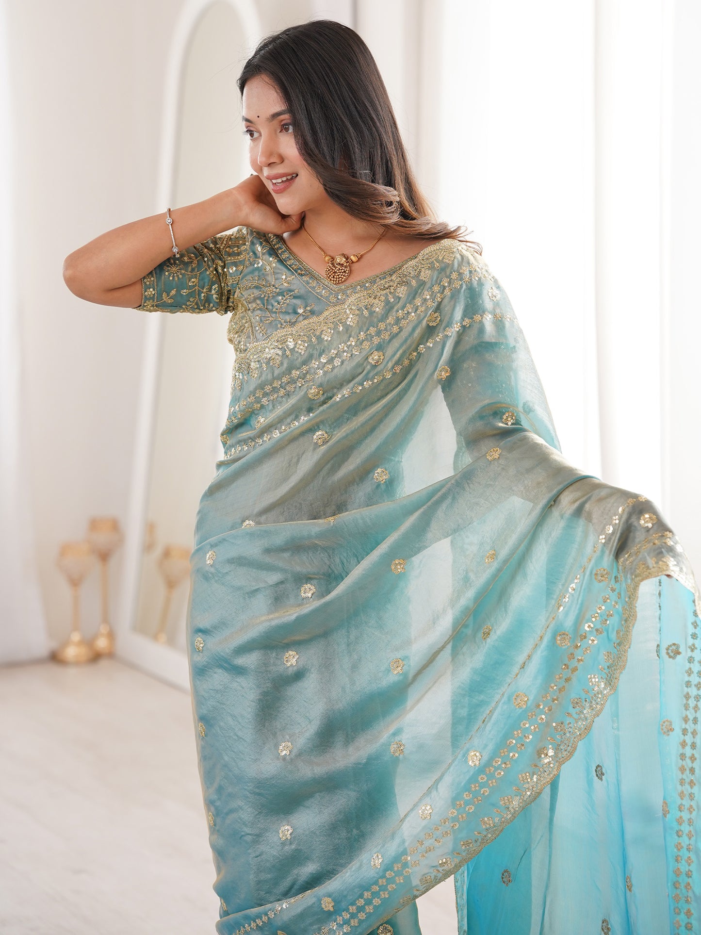 Women's Satin Light Blue Embellished Designer Saree With Blouse Piece