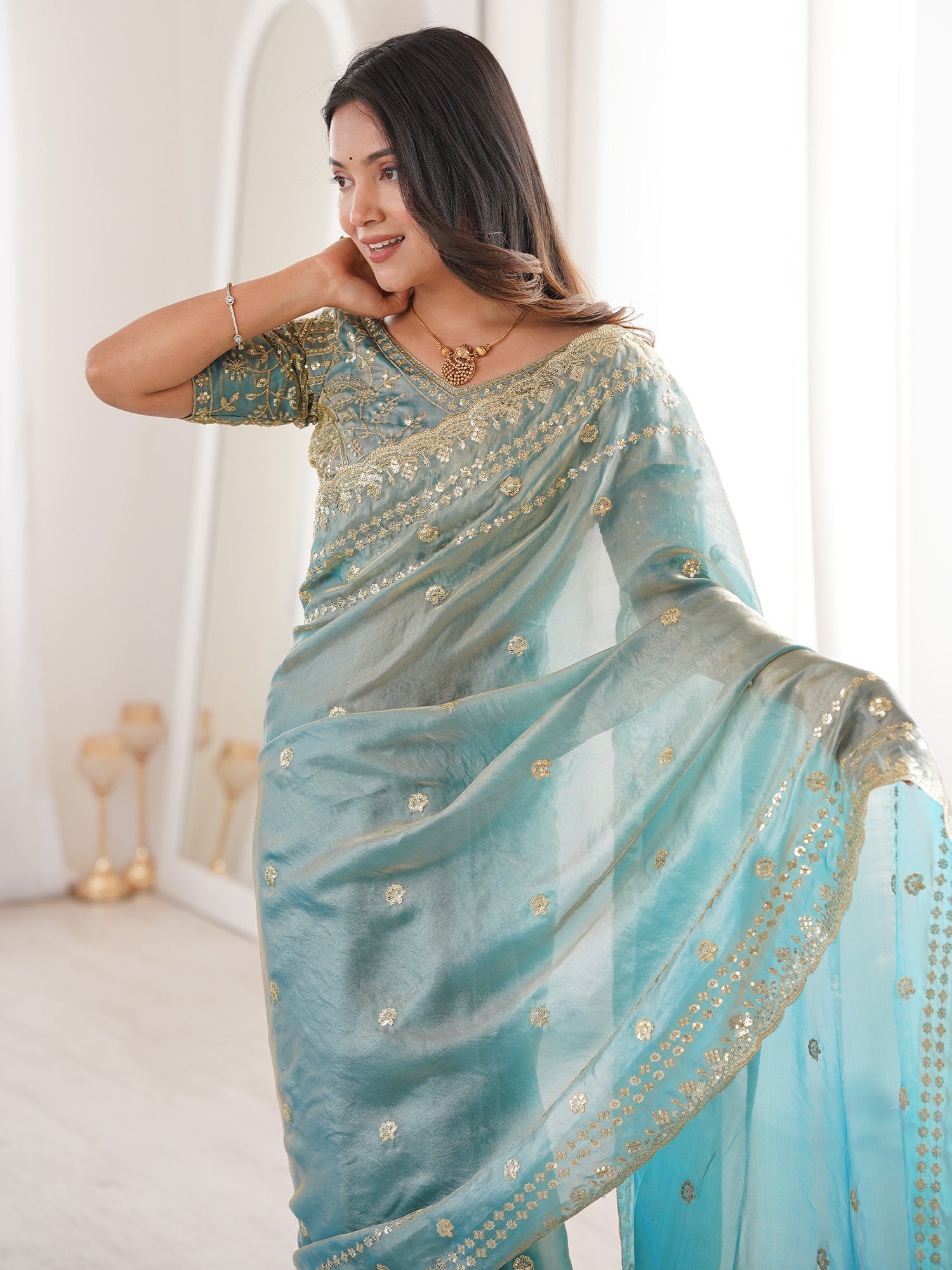 Women's Satin Light Blue Embellished Designer Saree With Blouse Piece