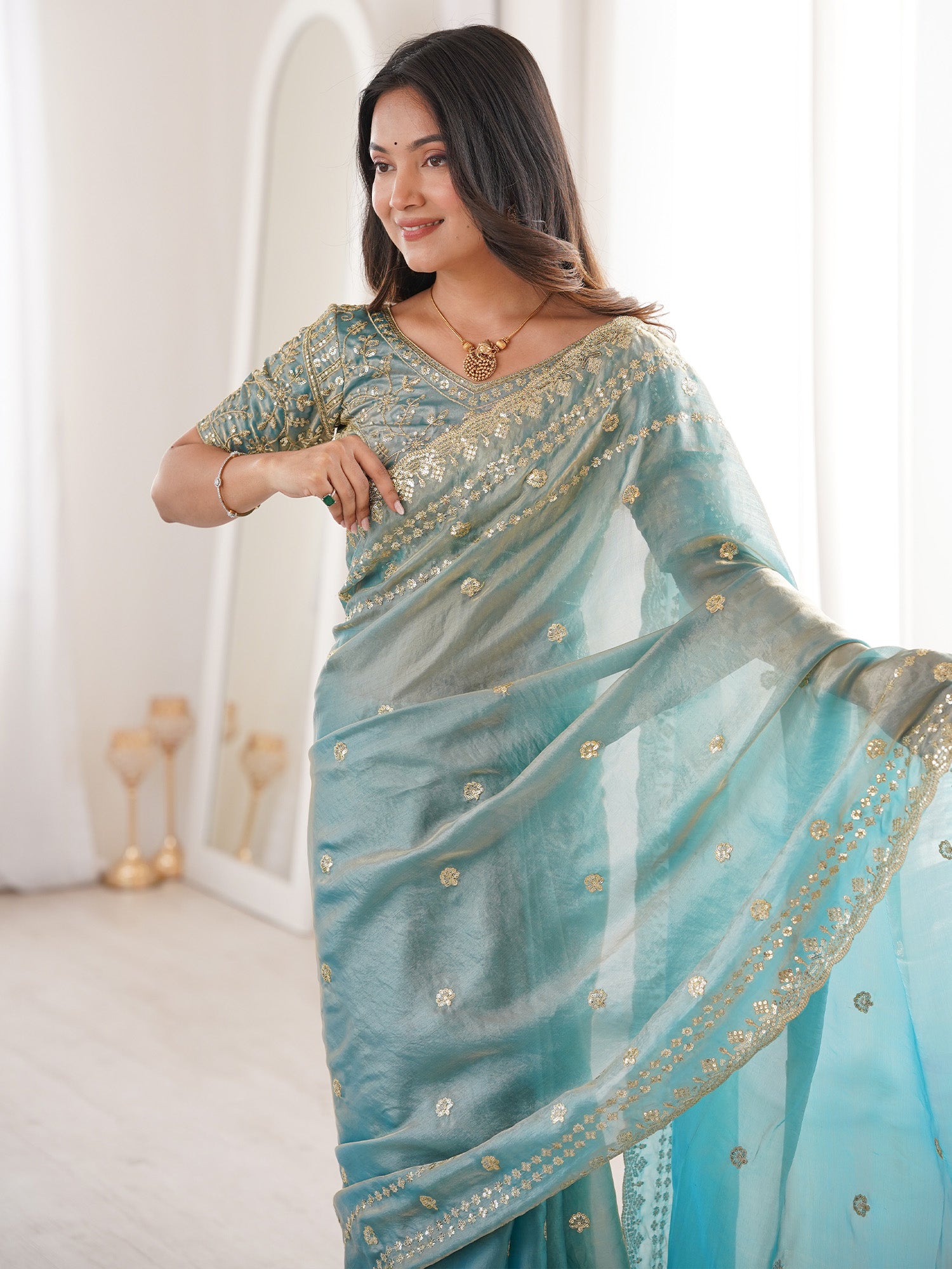 Women's Satin Light Blue Embellished Designer Saree With Blouse Piece