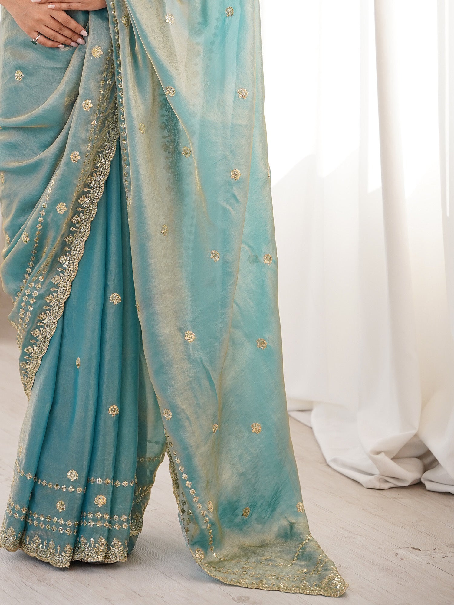 Women's Satin Light Blue Embellished Designer Saree With Blouse Piece