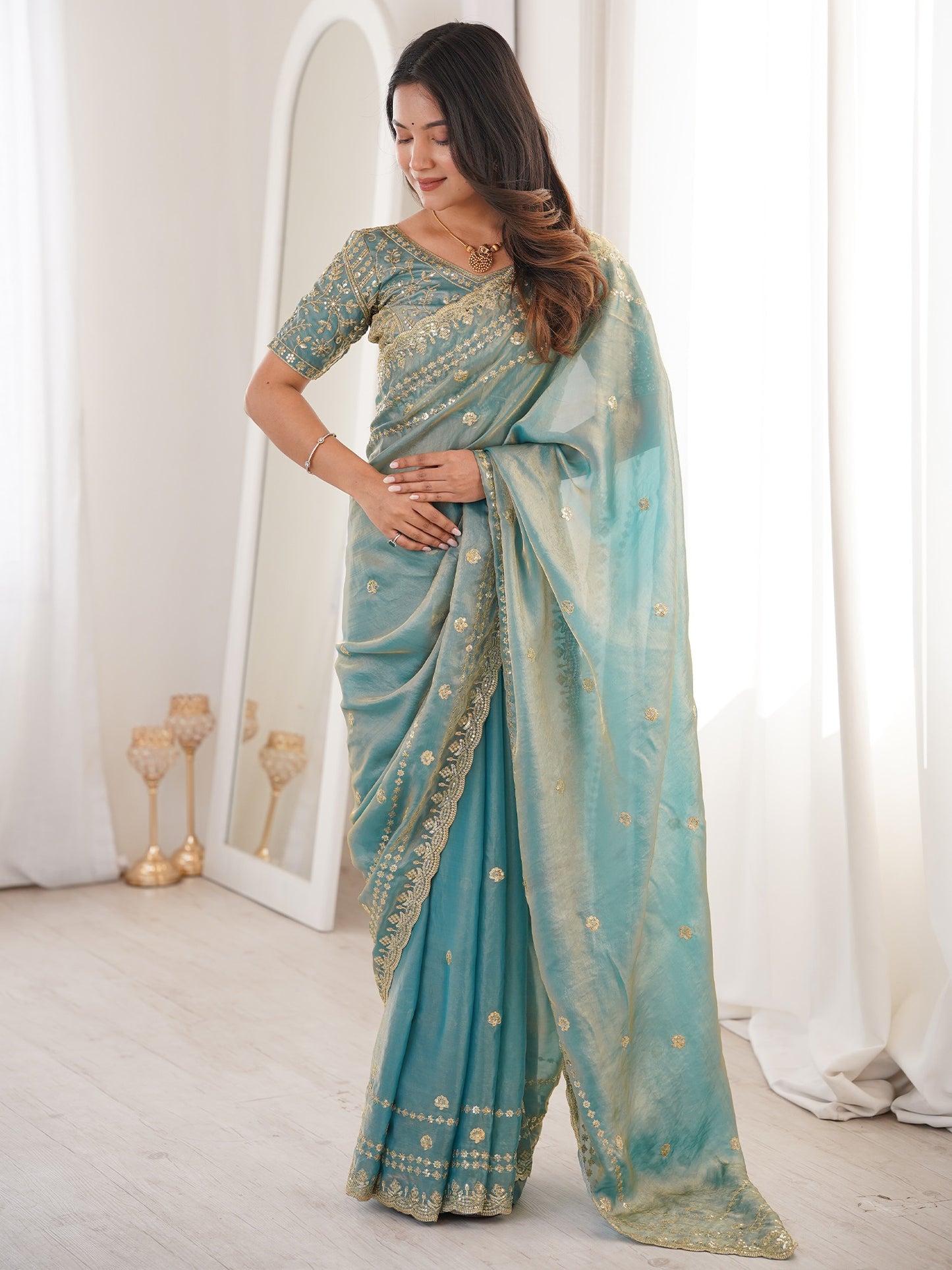 Women's Satin Light Blue Embellished Designer Saree With Blouse Piece