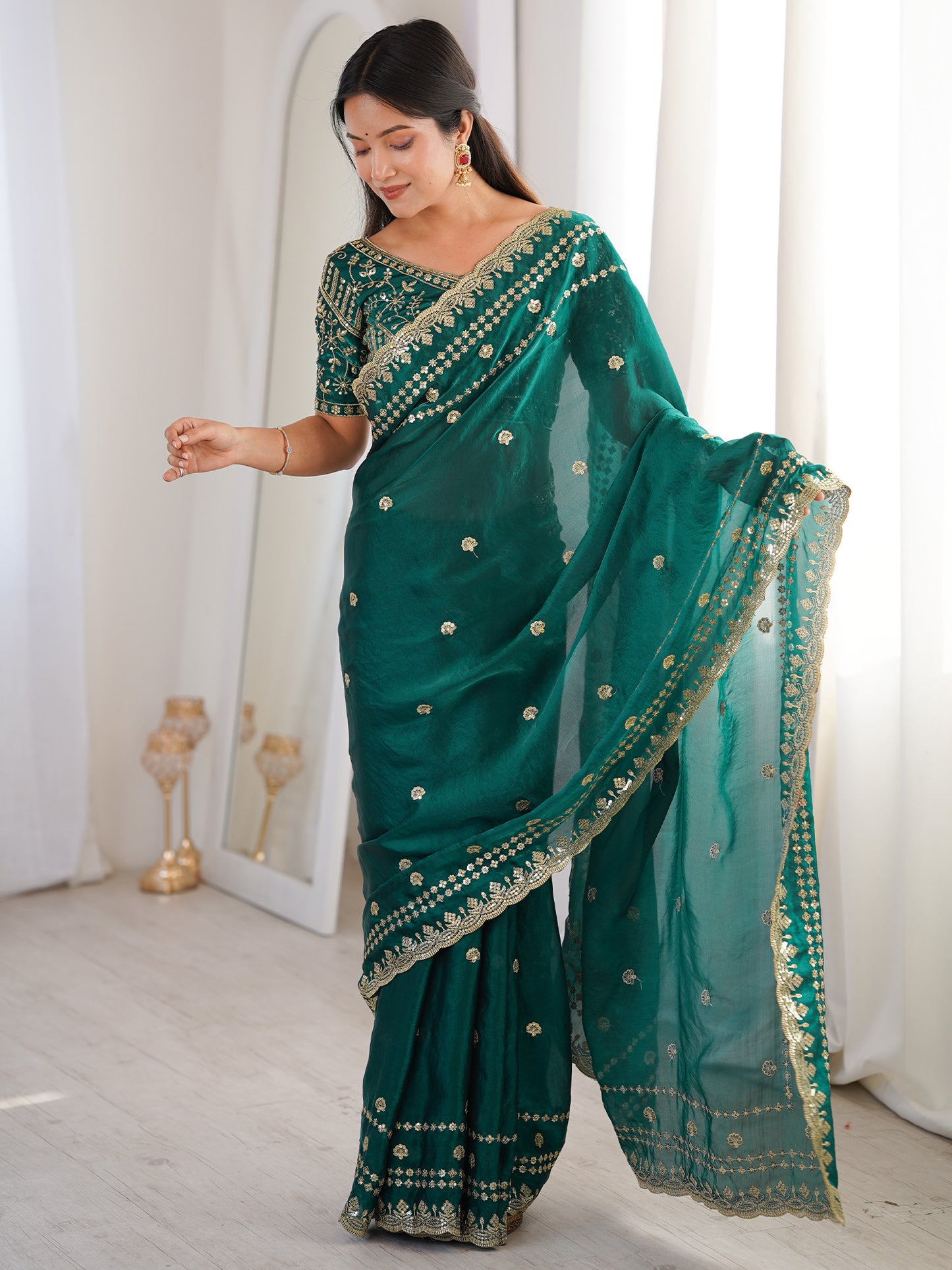 Women's Satin Teal green Embellished Designer Saree With Blouse Piece