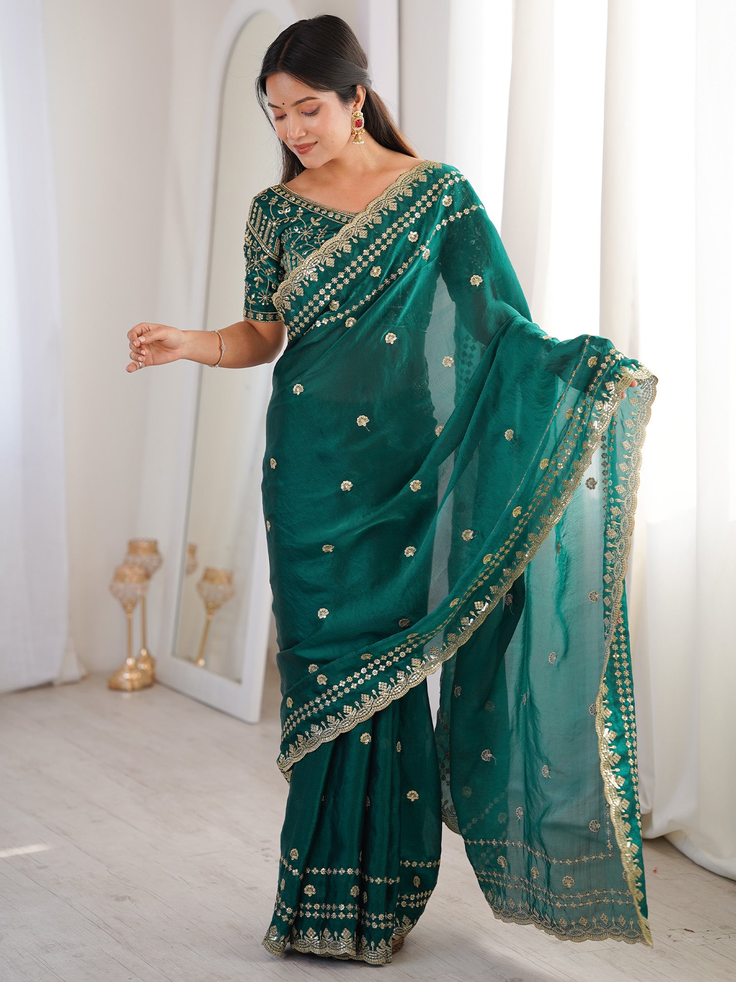 Women's Satin Teal green Embellished Designer Saree With Blouse Piece