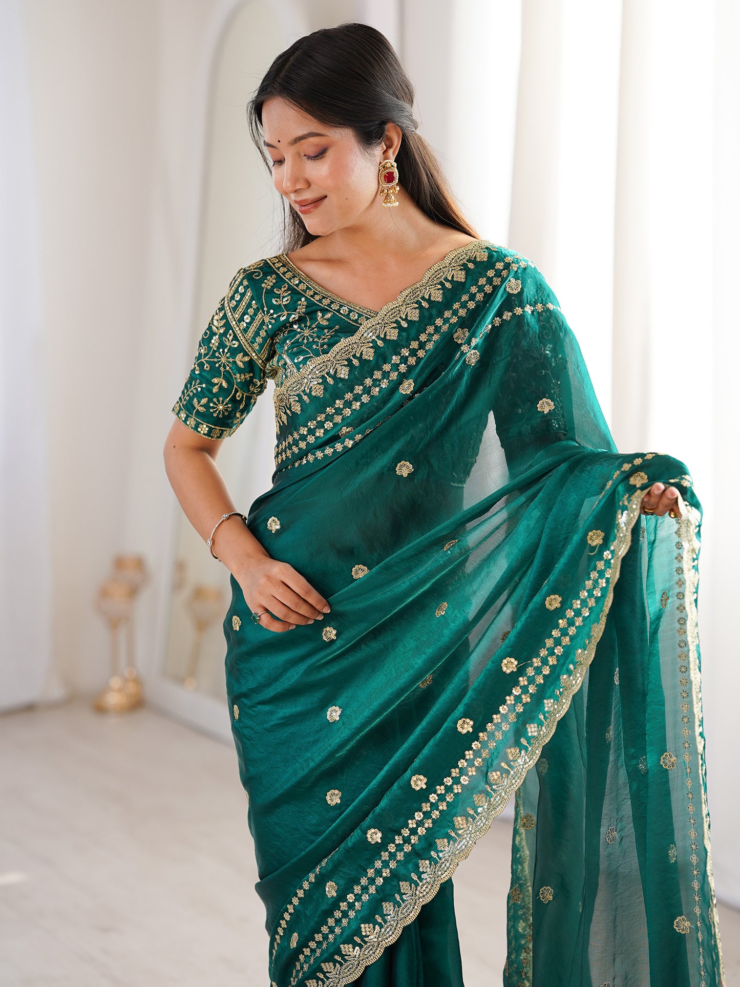 Women's Satin Teal green Embellished Designer Saree With Blouse Piece