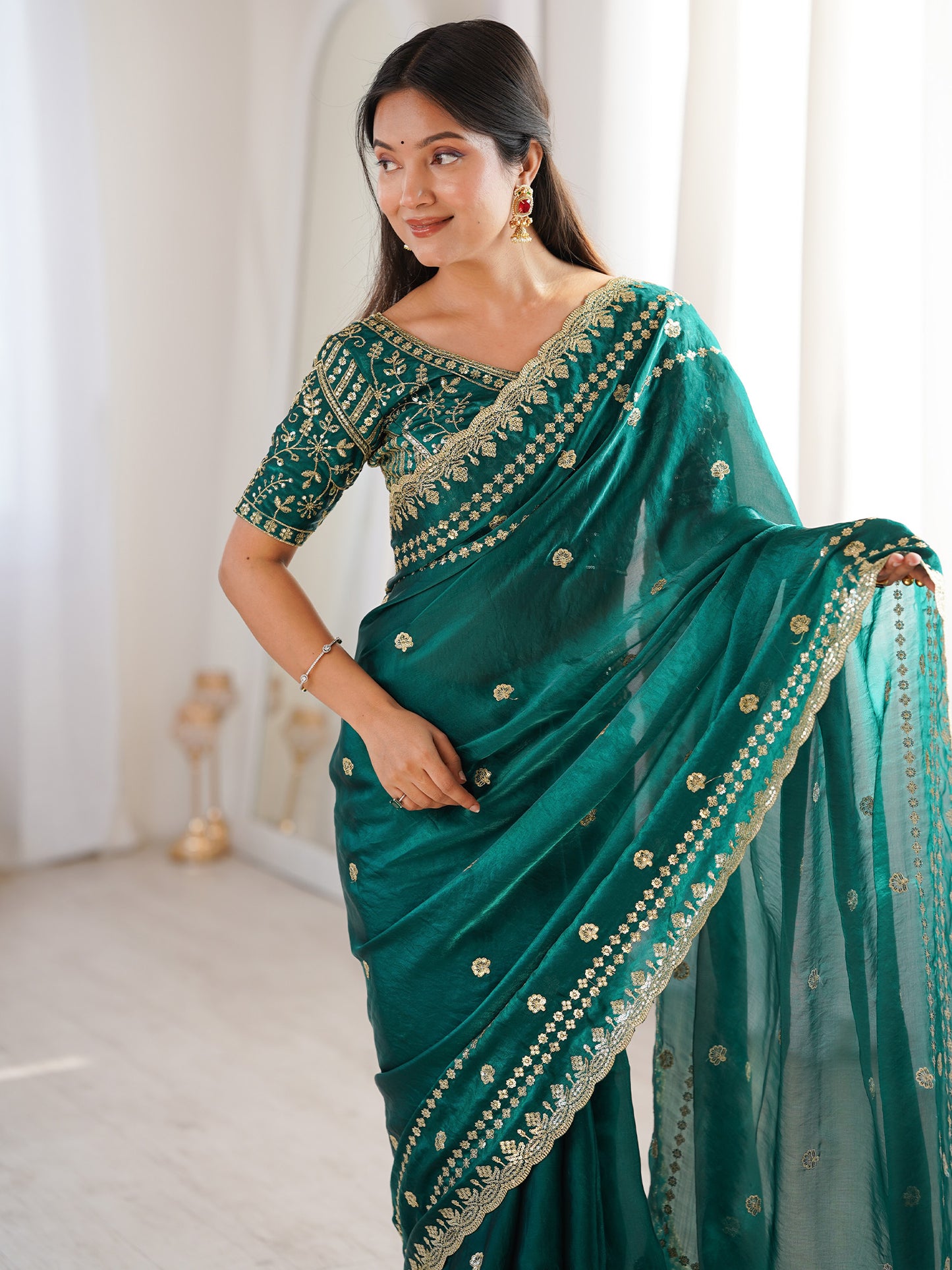 Women's Satin Teal green Embellished Designer Saree With Blouse Piece