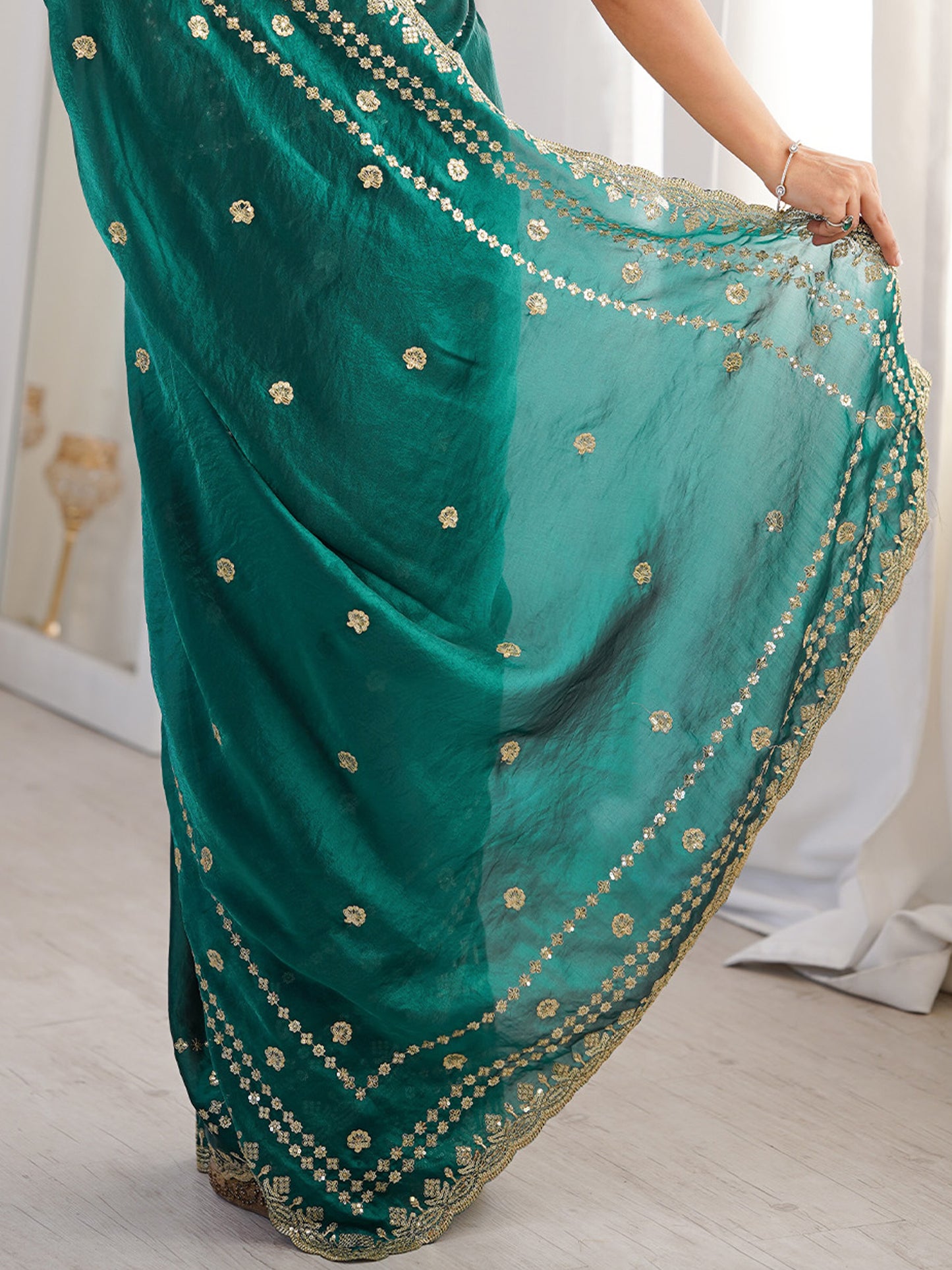 Women's Satin Teal green Embellished Designer Saree With Blouse Piece