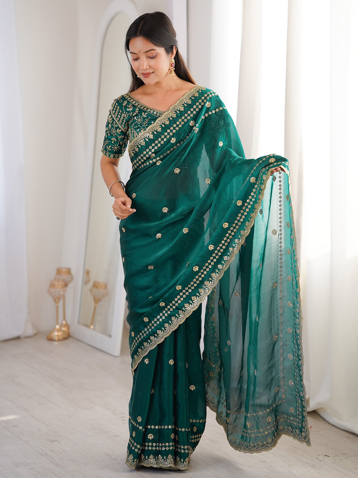Women's Satin Teal green Embellished Designer Saree With Blouse Piece