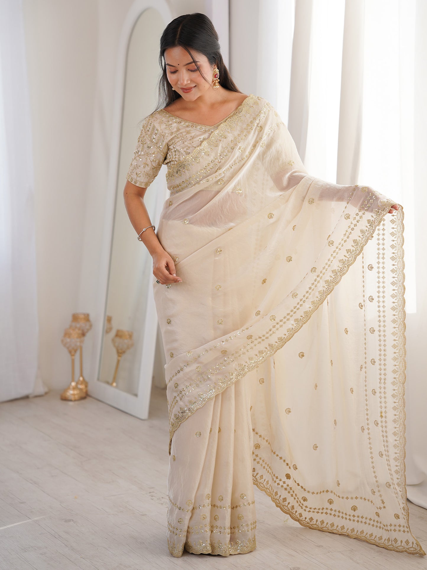 Women's Satin Off White Embellished Designer Saree With Blouse Piece