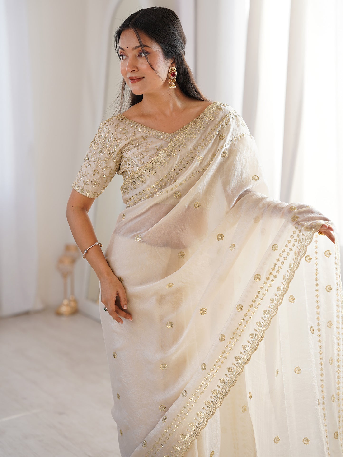 Women's Satin Off White Embellished Designer Saree With Blouse Piece