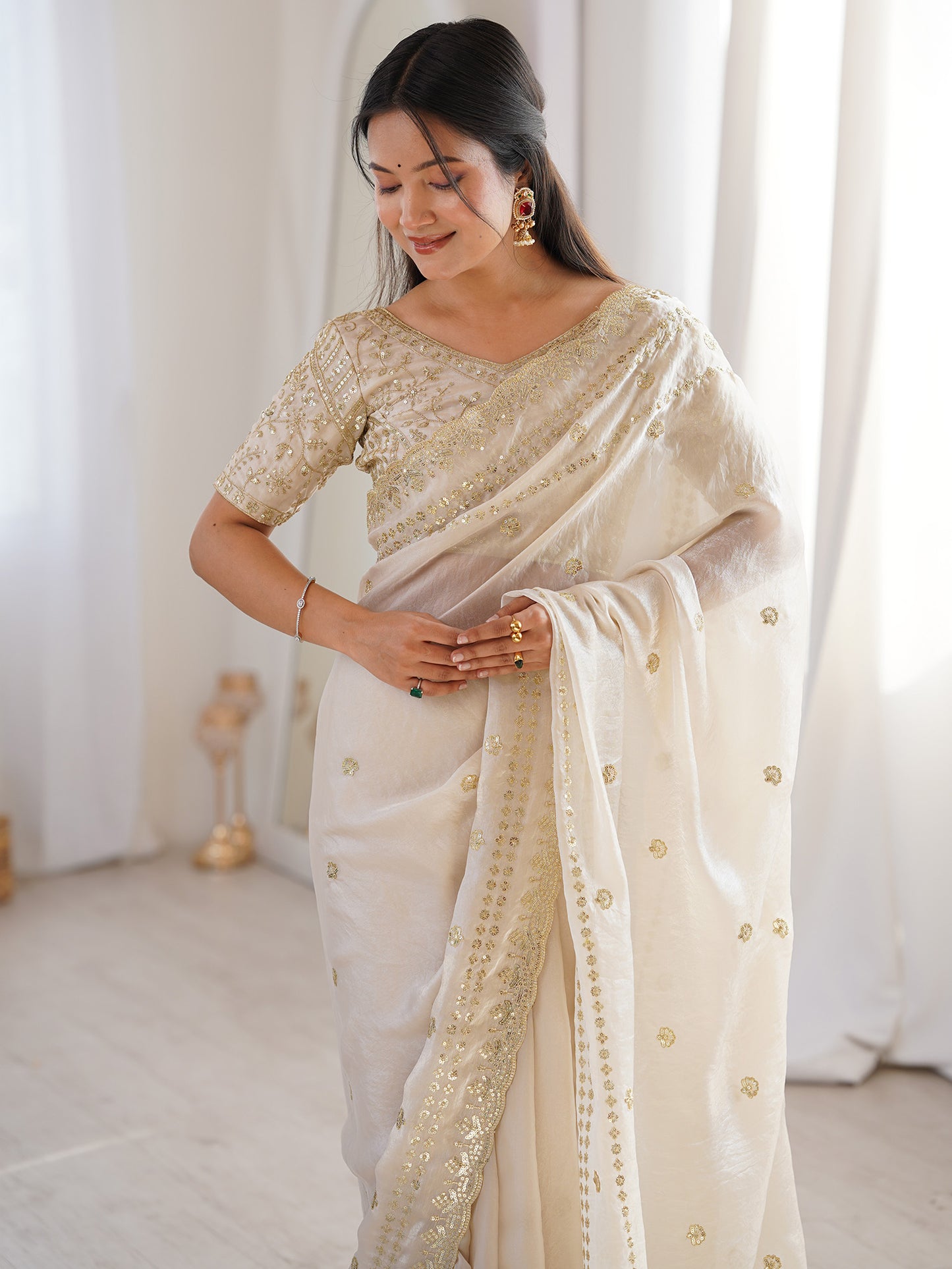 Women's Satin Off White Embellished Designer Saree With Blouse Piece