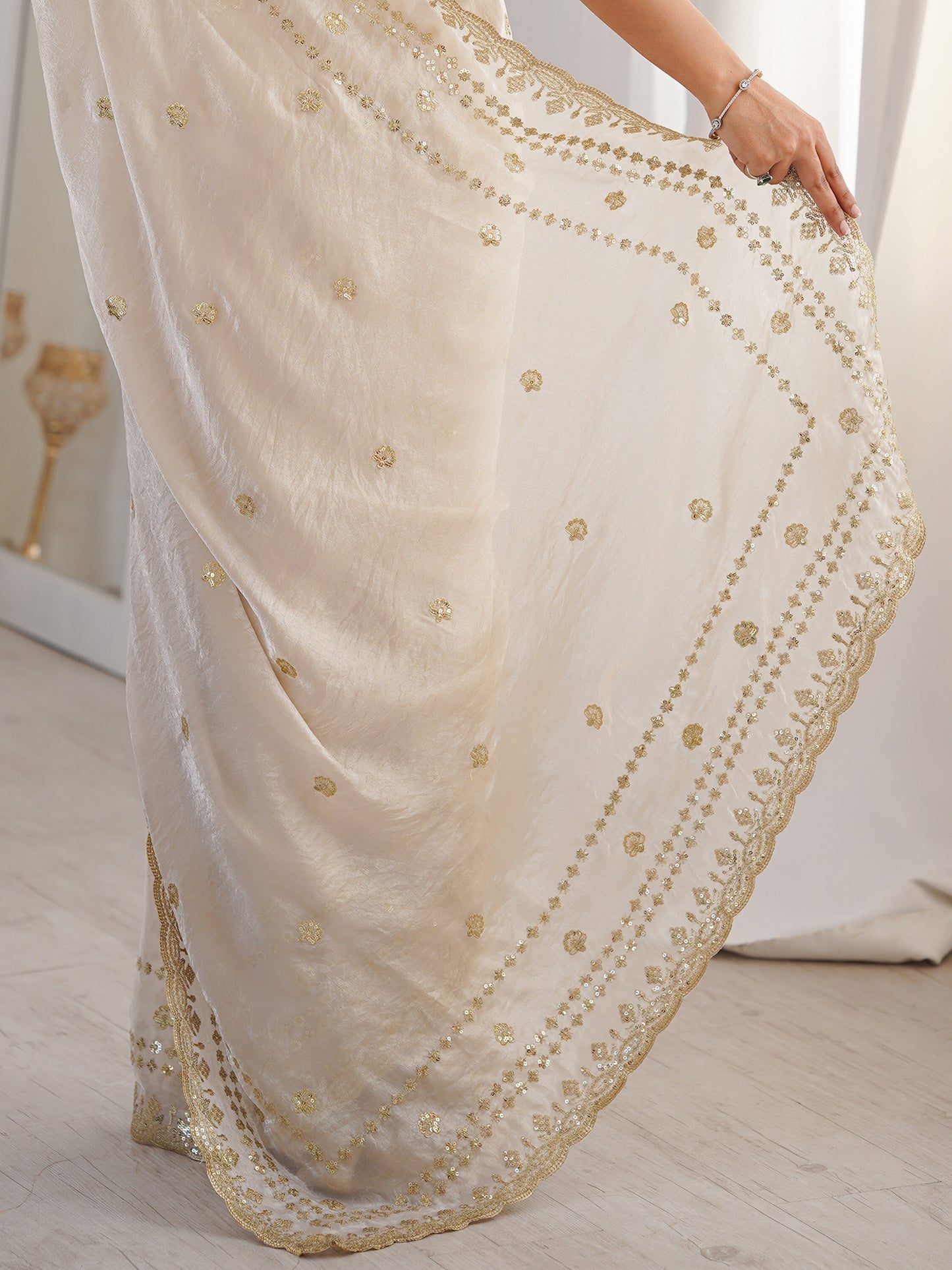 Women's Satin Off White Embellished Designer Saree With Blouse Piece
