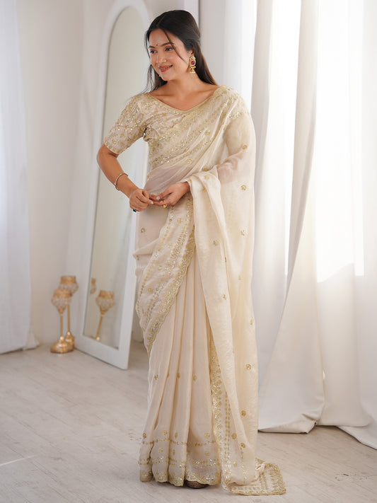 Women's Satin Off White Embellished Designer Saree With Blouse Piece